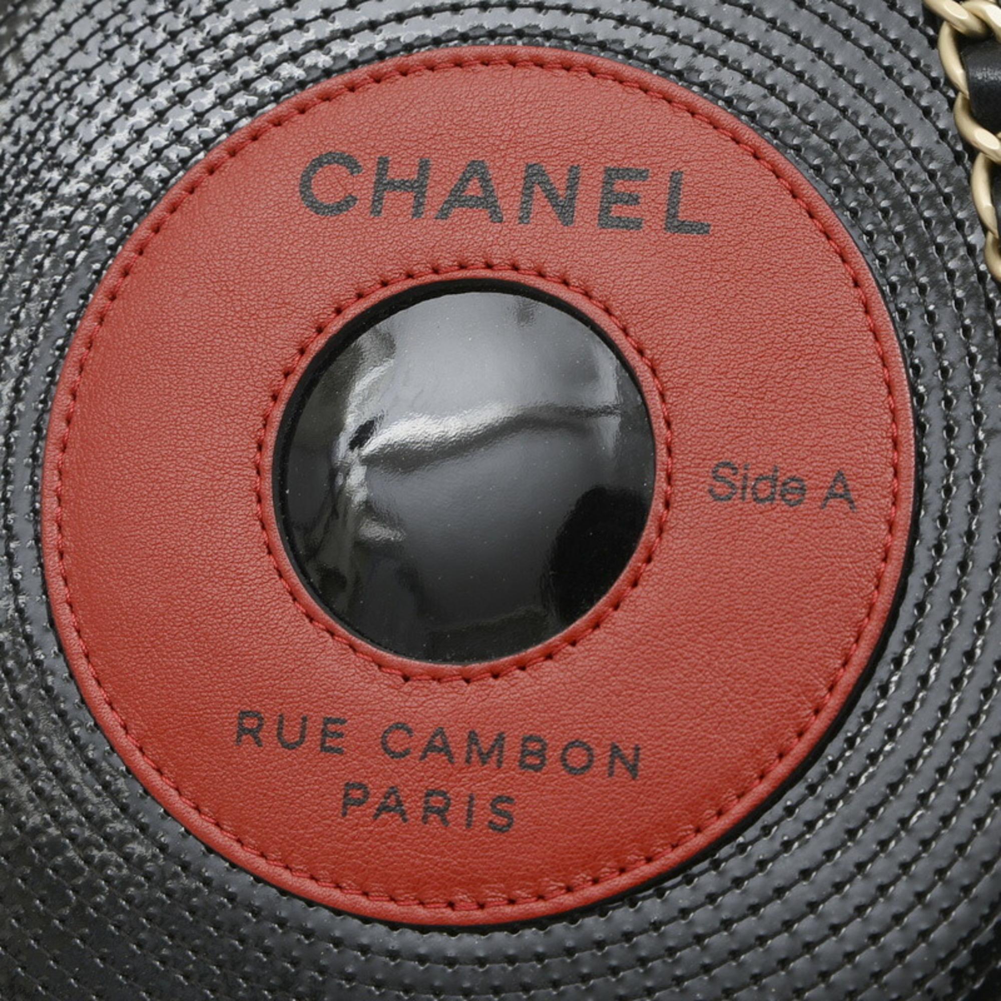 Chanel Black Red Patent Leather Record Chain Bag