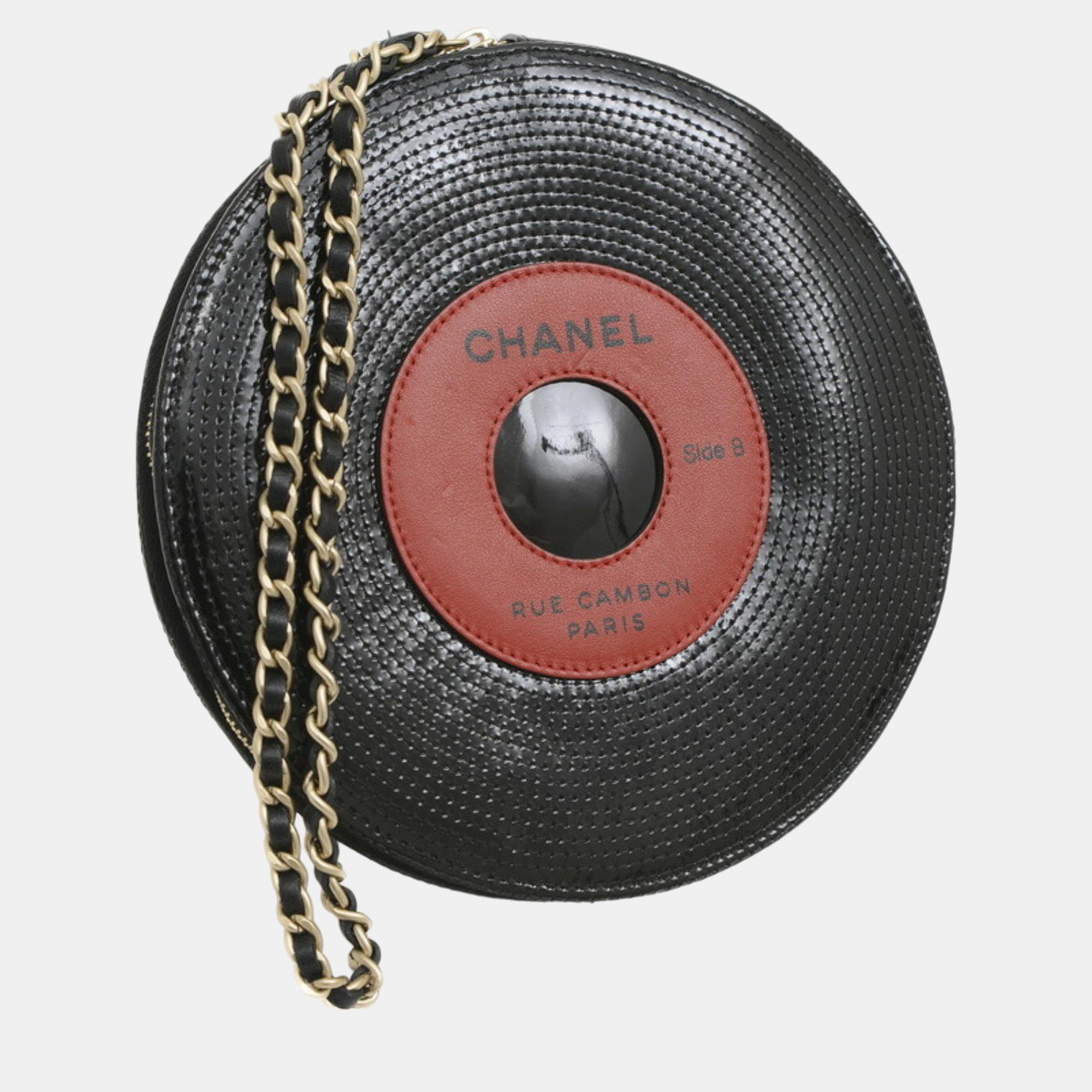 Chanel Black Red Patent Leather Record Chain Bag