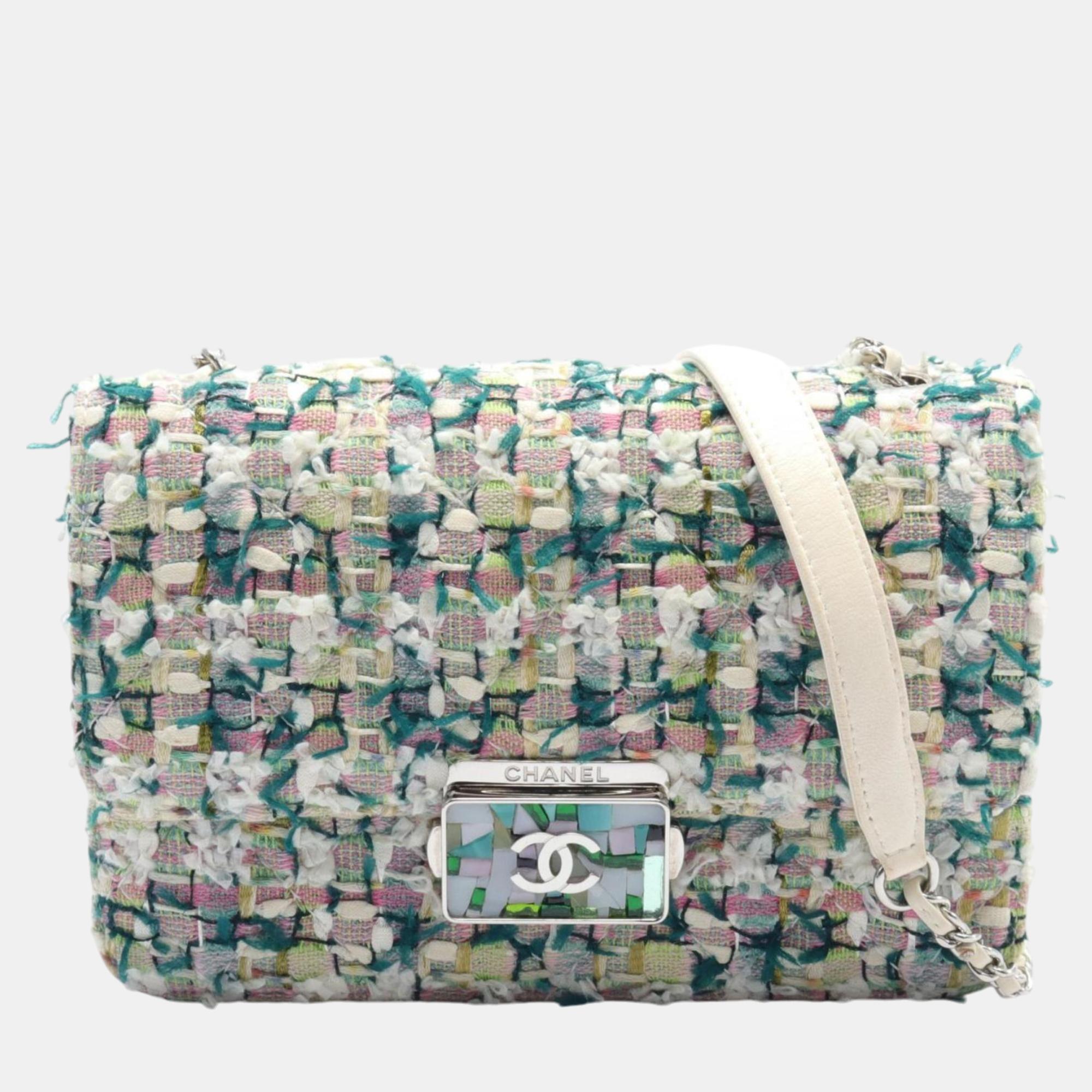 Chanel Green White Multicolor Fabric Leather Coco Mark Shoulder Bag