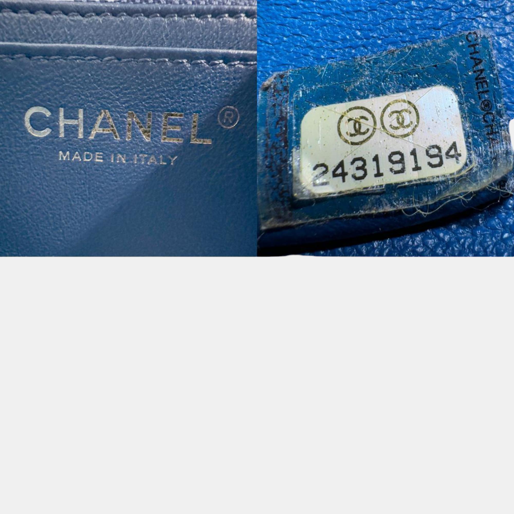 Chanel Blue Gold Leather V Stitch Handbag