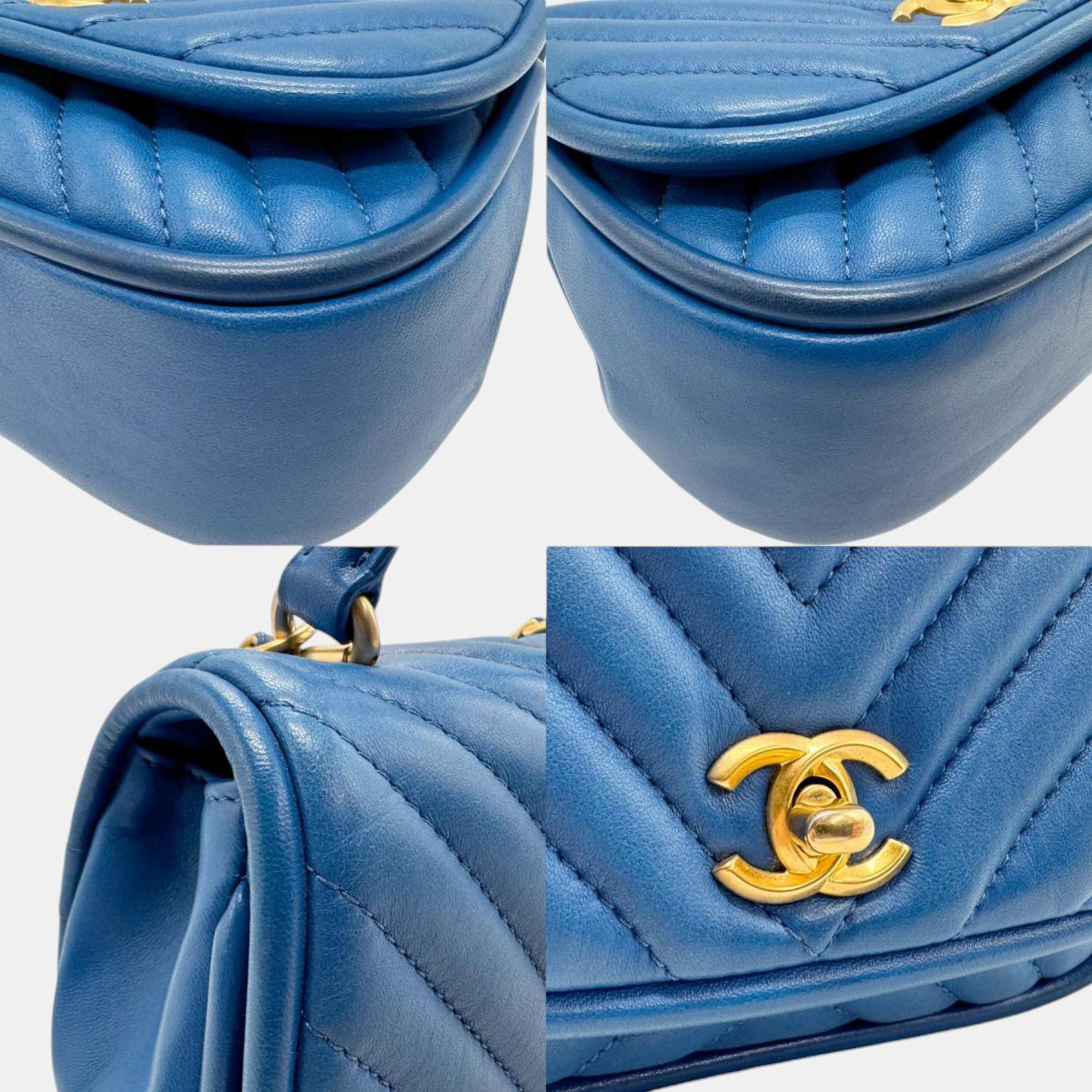 Chanel Blue Gold Leather V Stitch Handbag