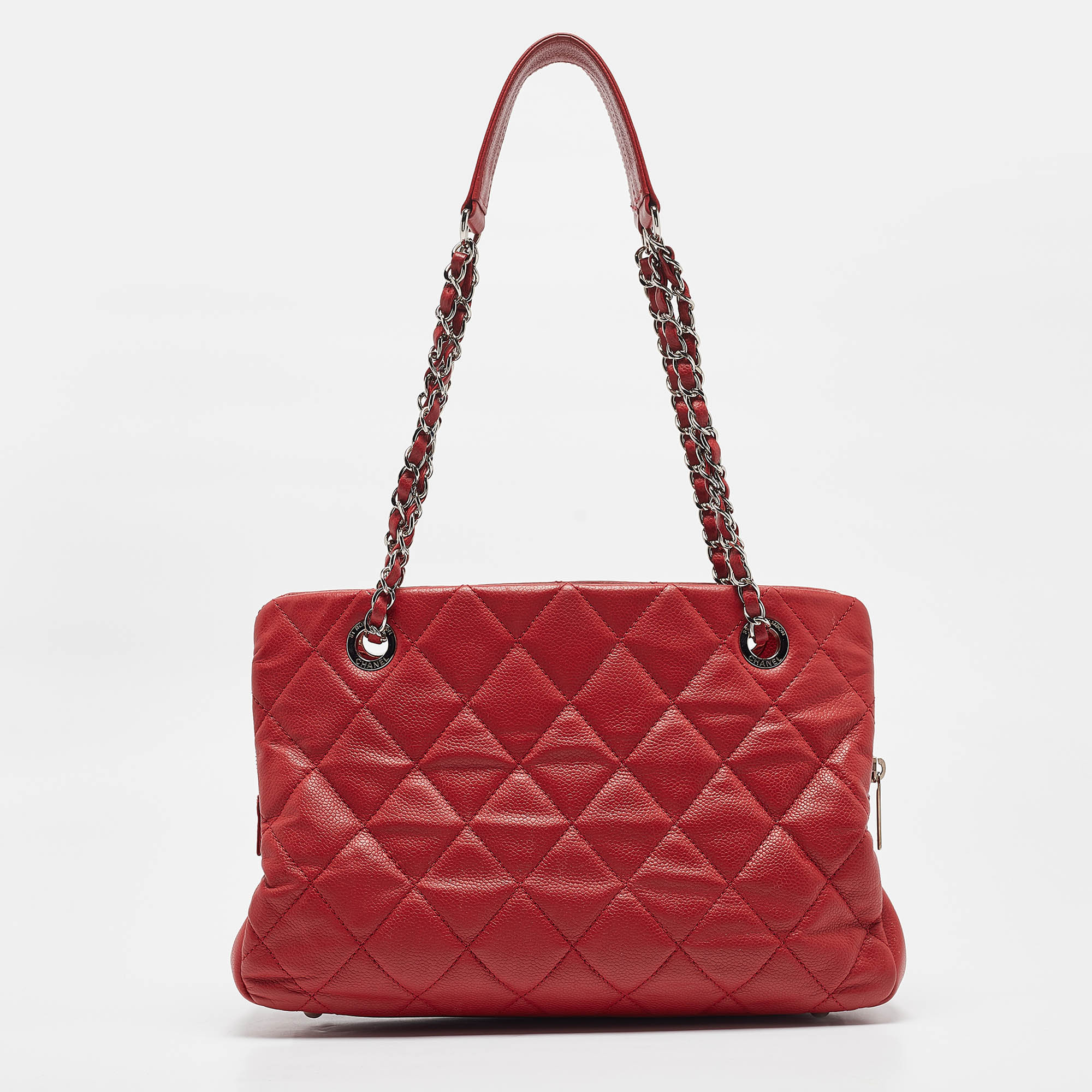 Chanel Red Quilted Caviar Leather Shopper Tote