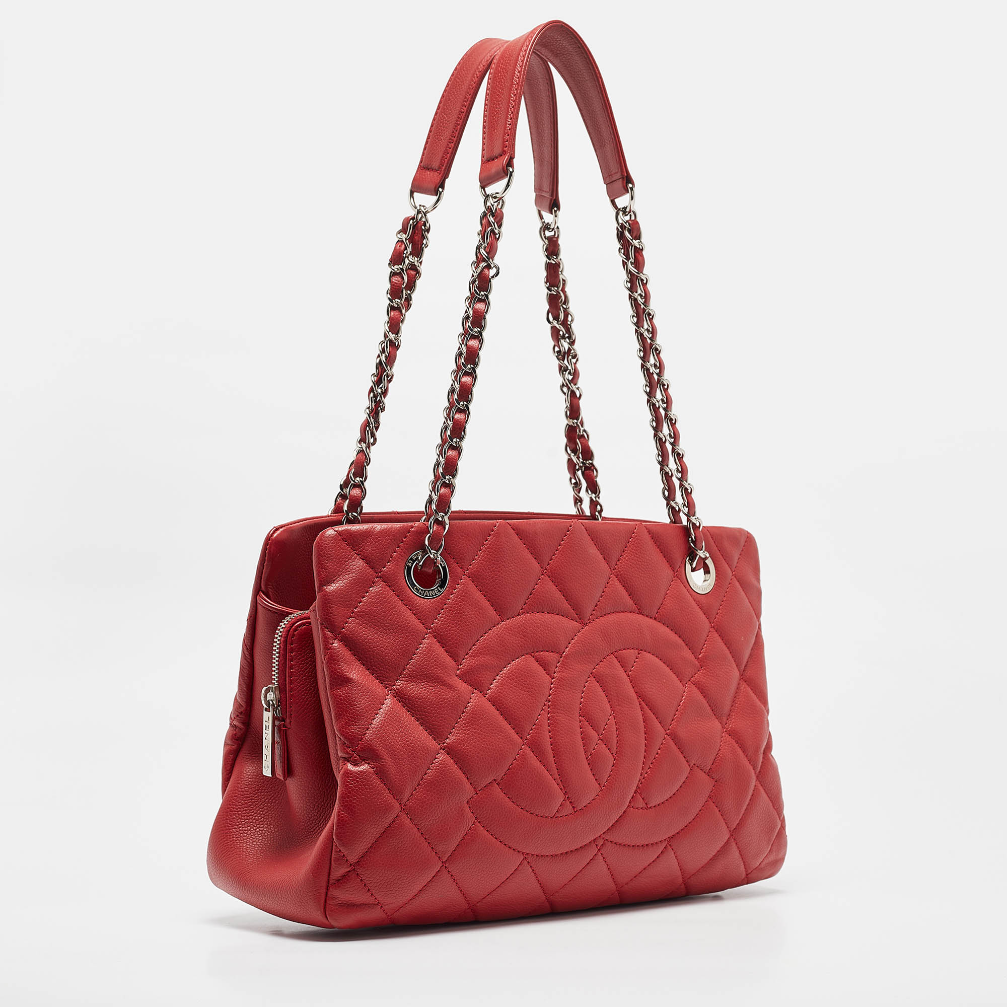 Chanel Red Quilted Caviar Leather Shopper Tote