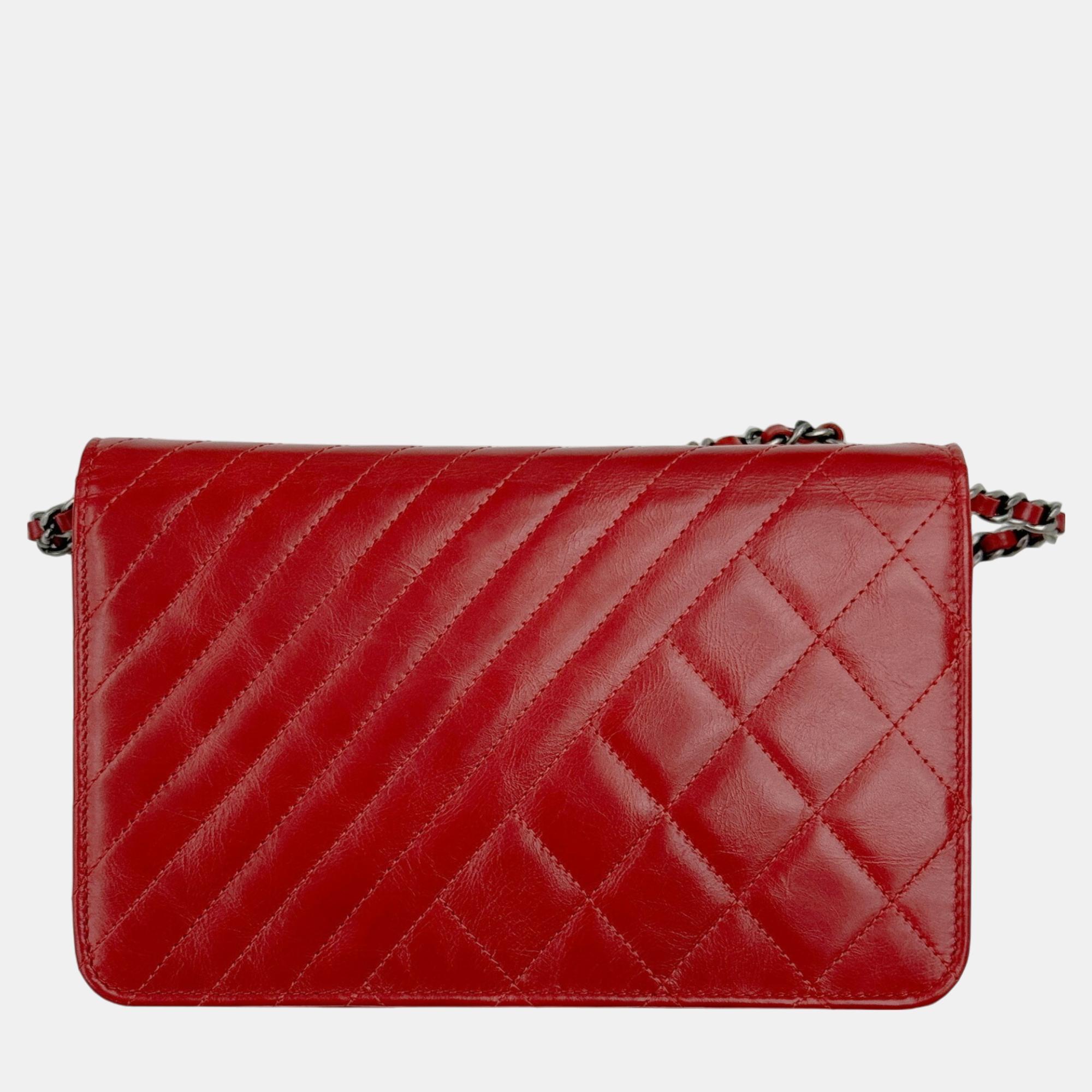 Chanel Red Calf Leather Matelasse Boy Chain Wallet