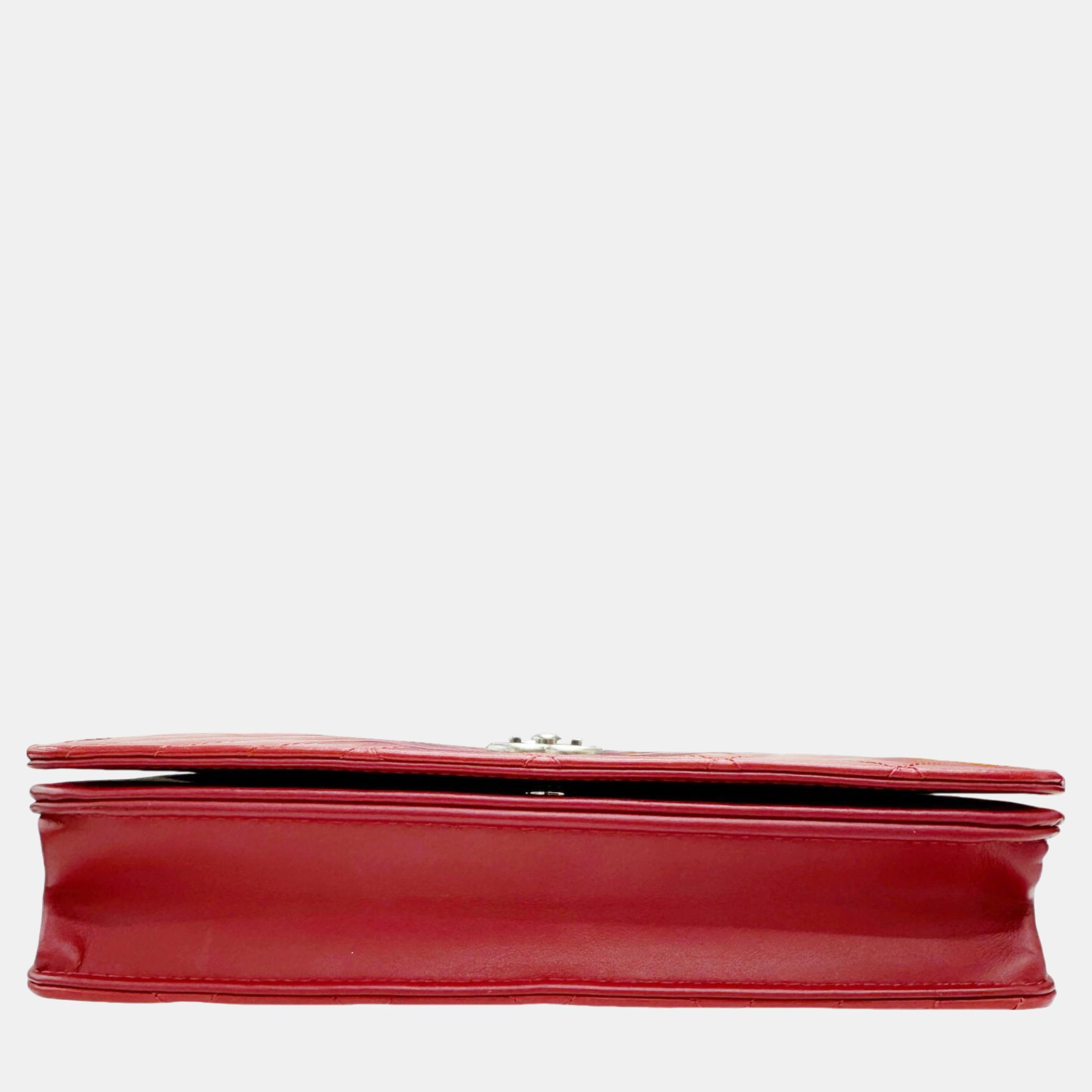 Chanel Red Calf Leather Matelasse Boy Chain Wallet