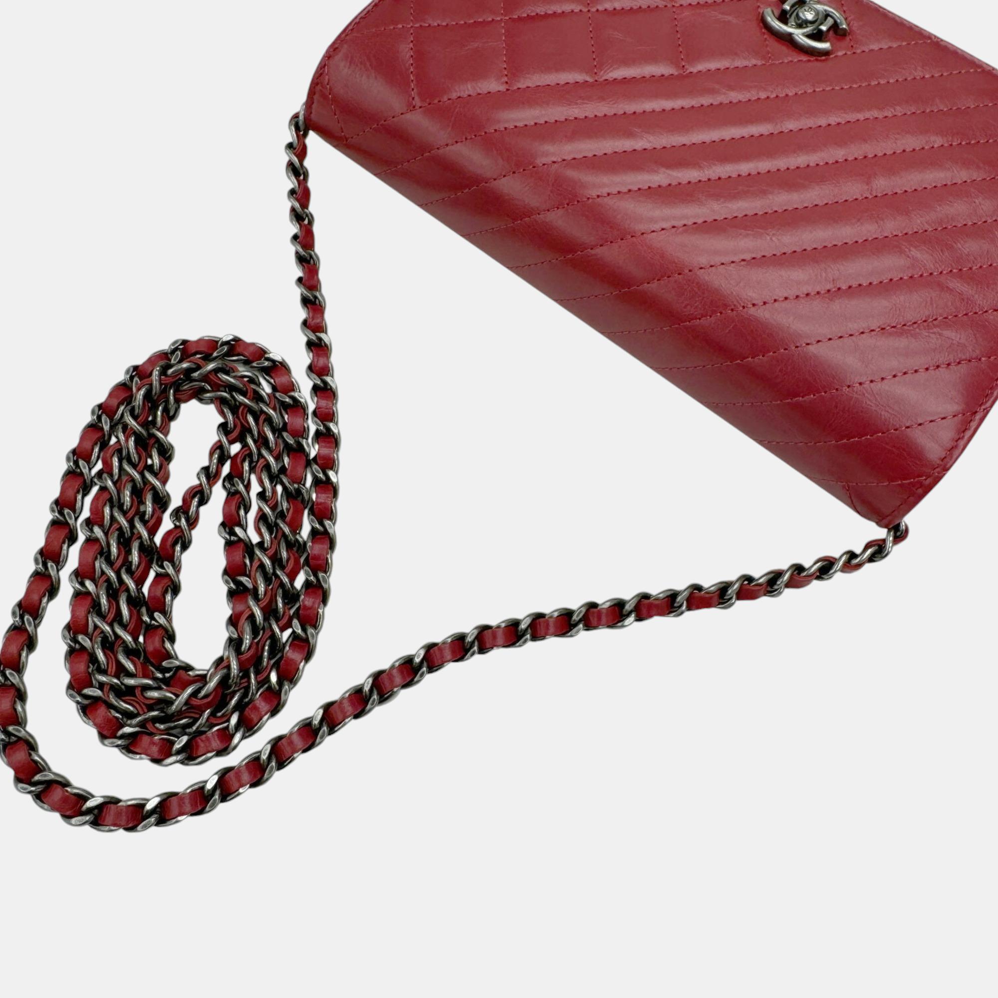 Chanel Red Calf Leather Matelasse Boy Chain Wallet