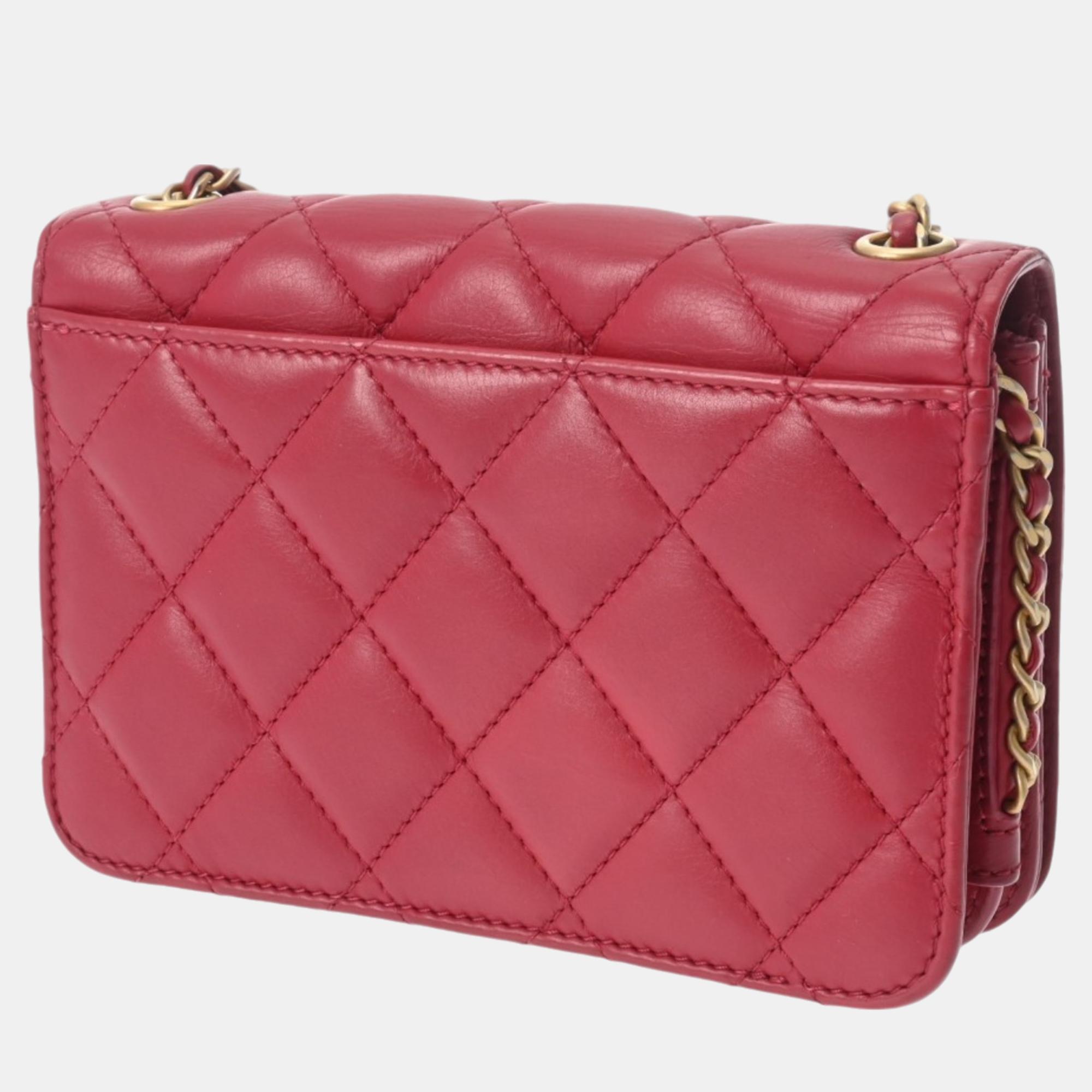 Chanel Red Lambskin Matelasse Chain Shoulder 18cm Bag