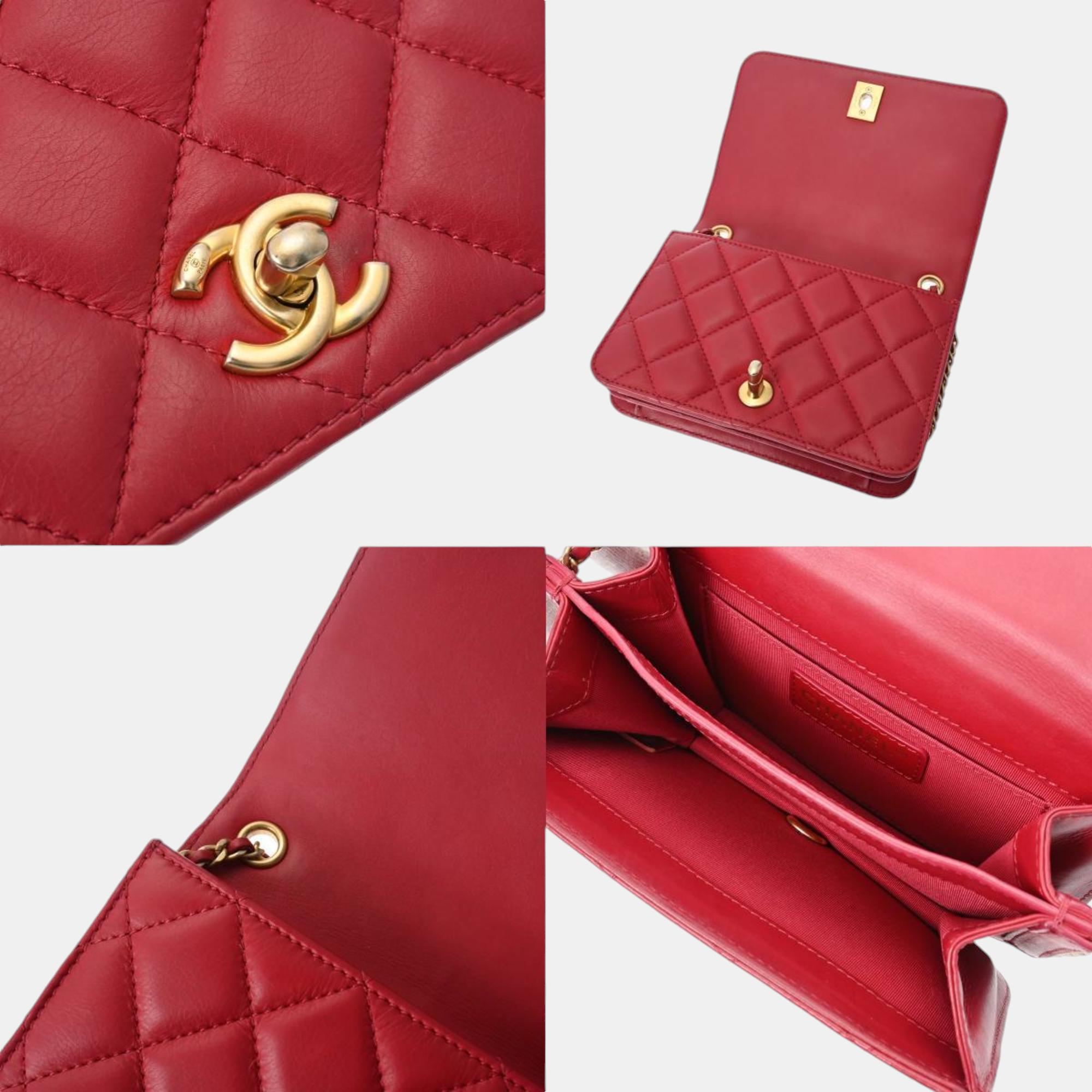 Chanel Red Lambskin Matelasse Chain Shoulder 18cm Bag