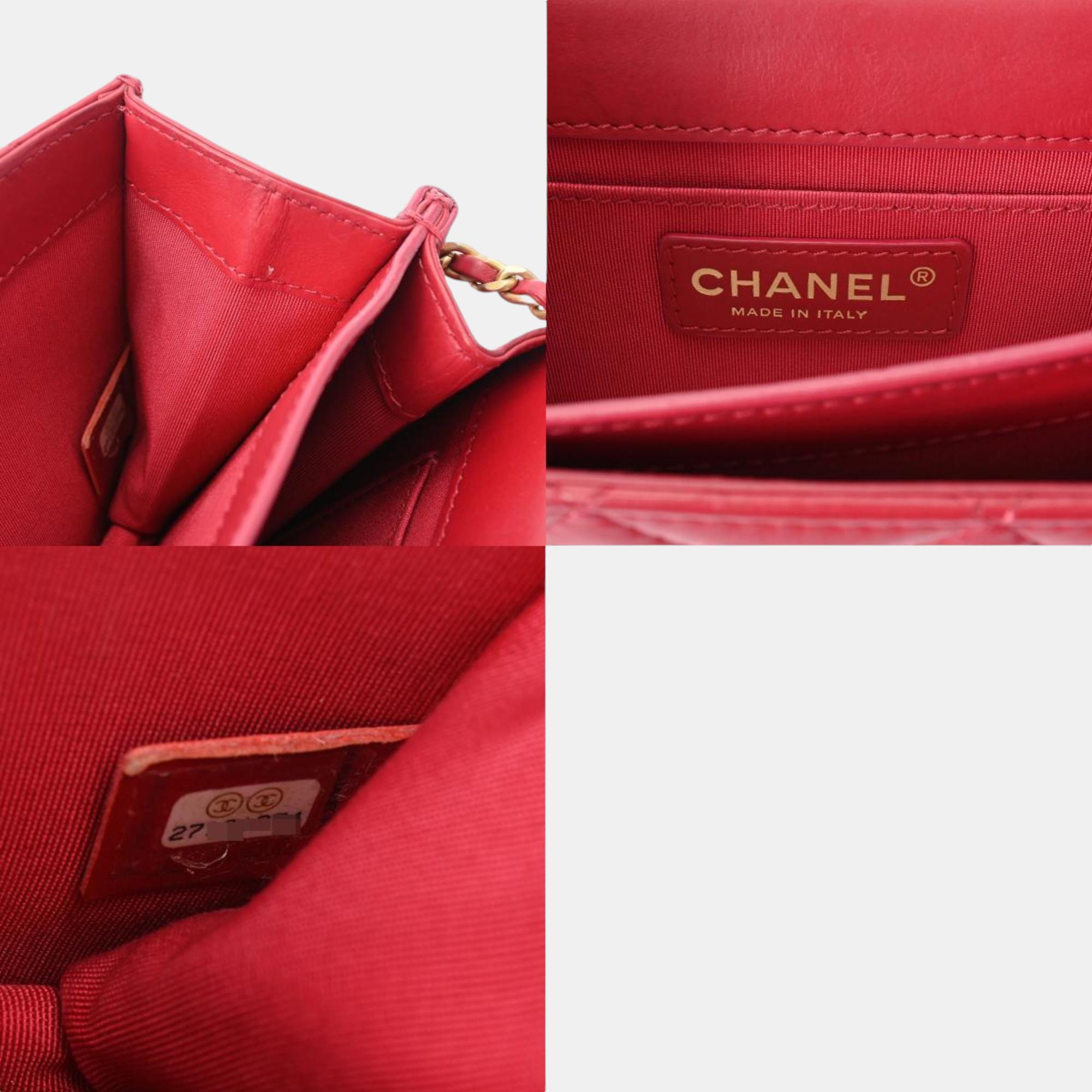 Chanel Red Lambskin Matelasse Chain Shoulder 18cm Bag