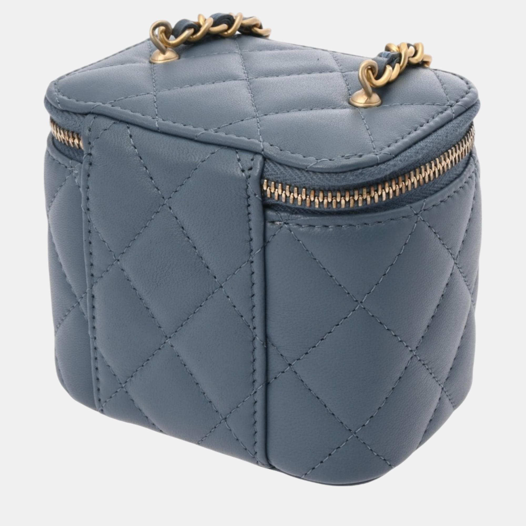 Chanel Blue Navy Lambskin Matelasse Coco Ball Chain Pouch