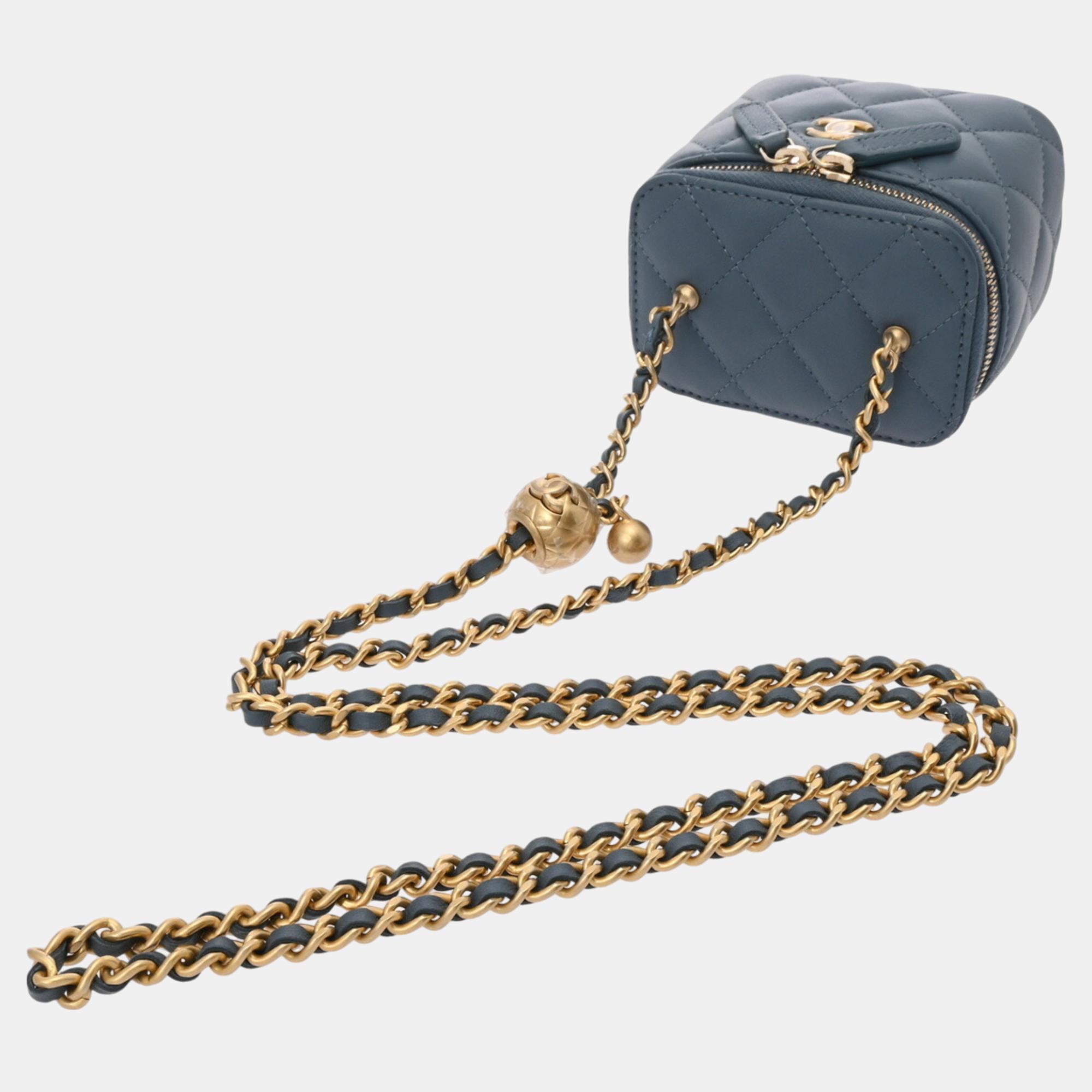 Chanel Blue Navy Lambskin Matelasse Coco Ball Chain Pouch