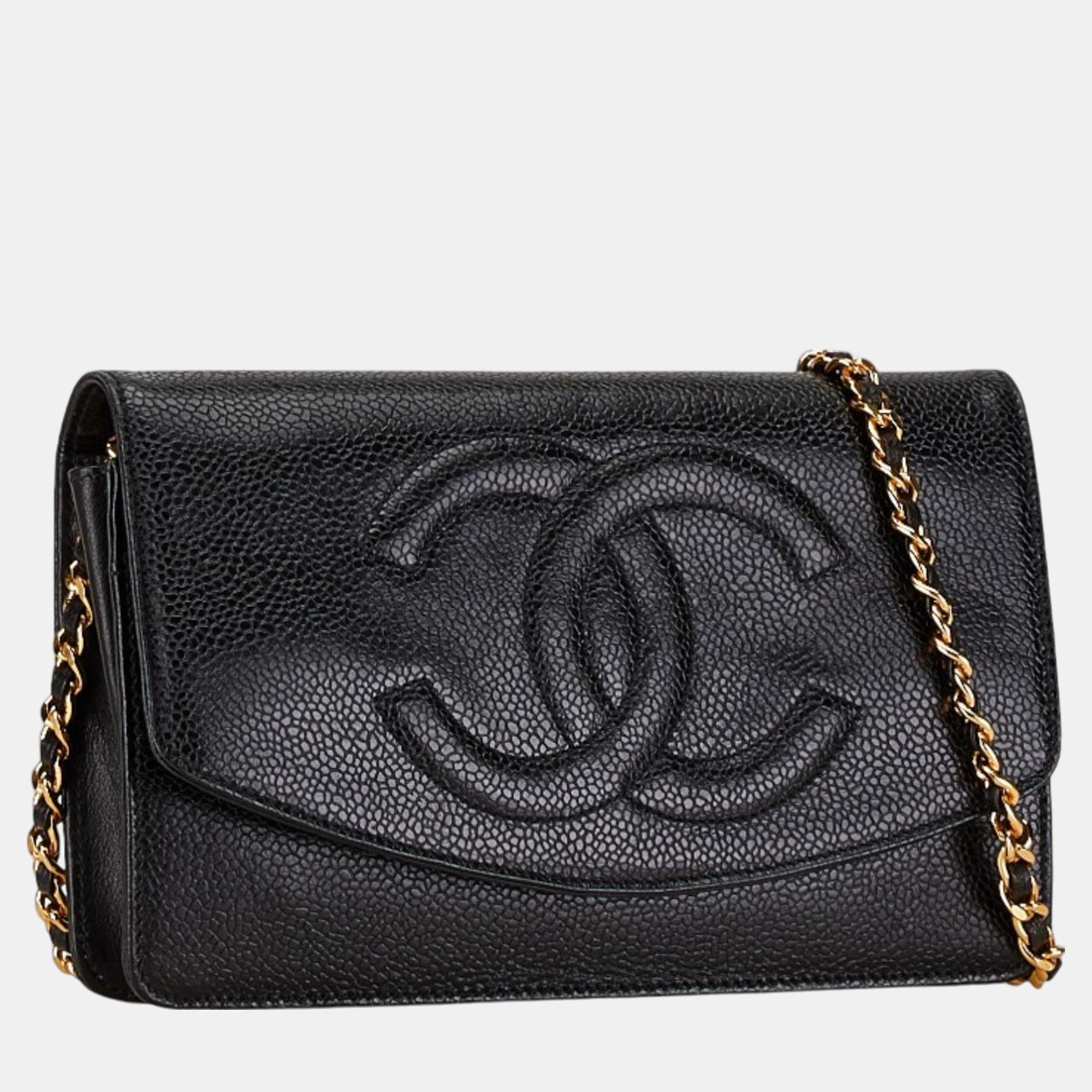 Chanel Black Caviar Skin Leather Coco Mark Chain Wallet