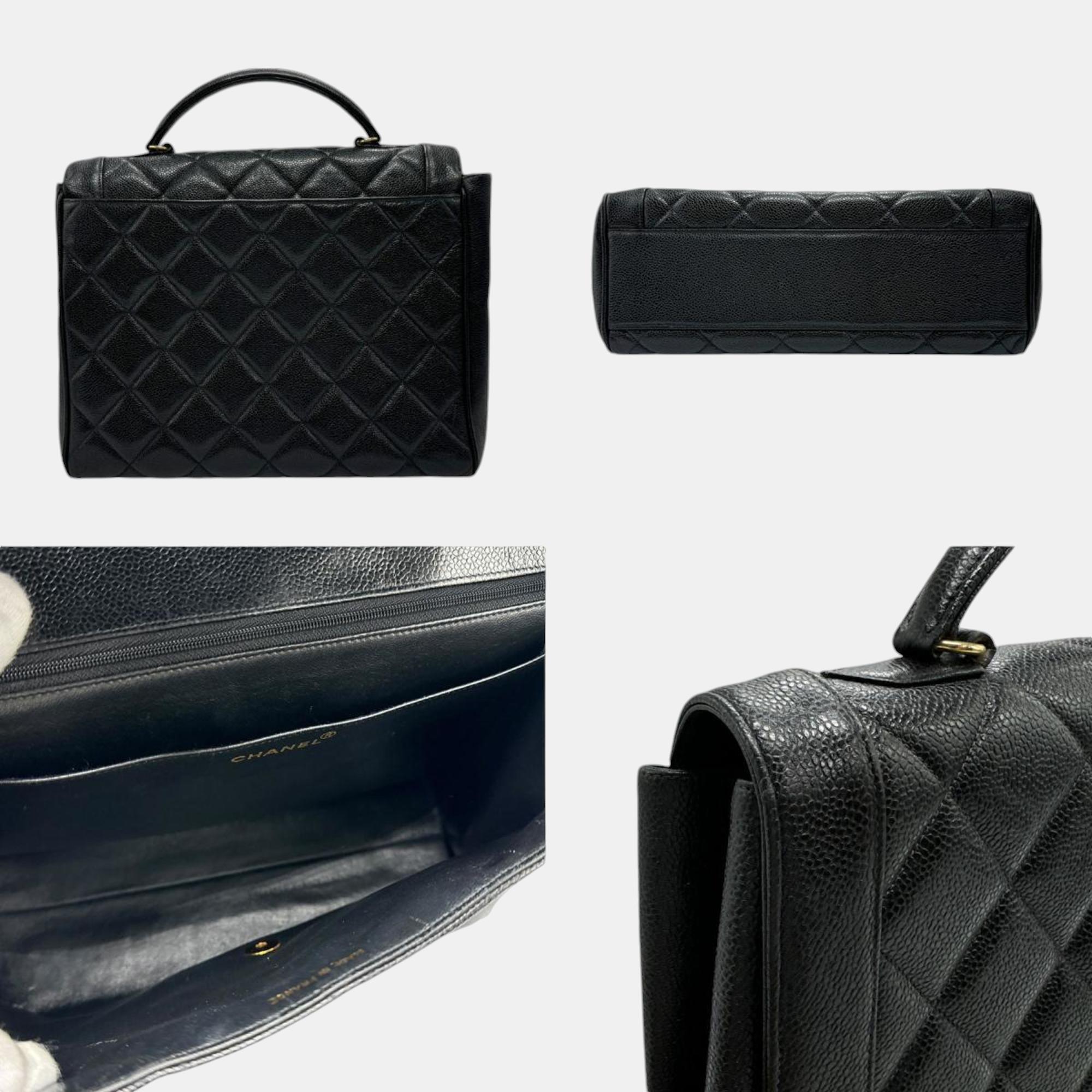 Chanel Black Gold Caviar Skin Leather Matelasse Handbag