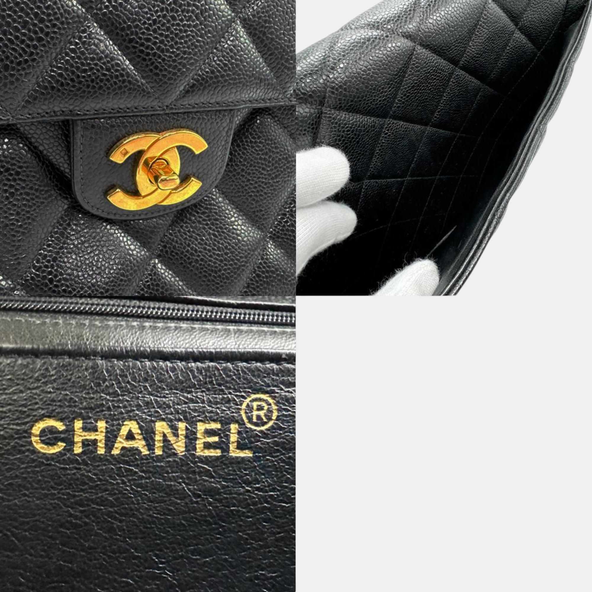 Chanel Black Gold Caviar Skin Leather Matelasse Handbag