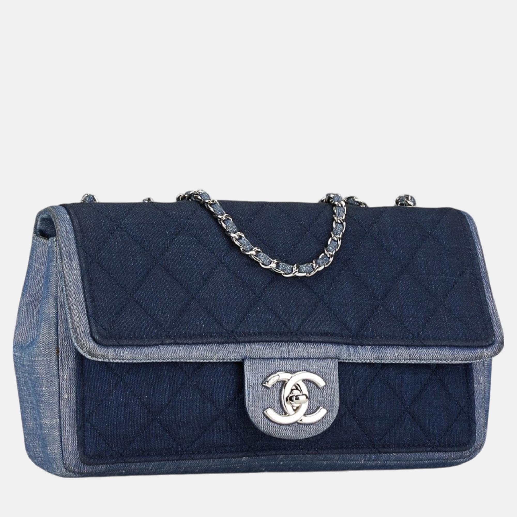 Chanel Blue Navy Denim  Matelasse 25 Coco Mark Chain Bag