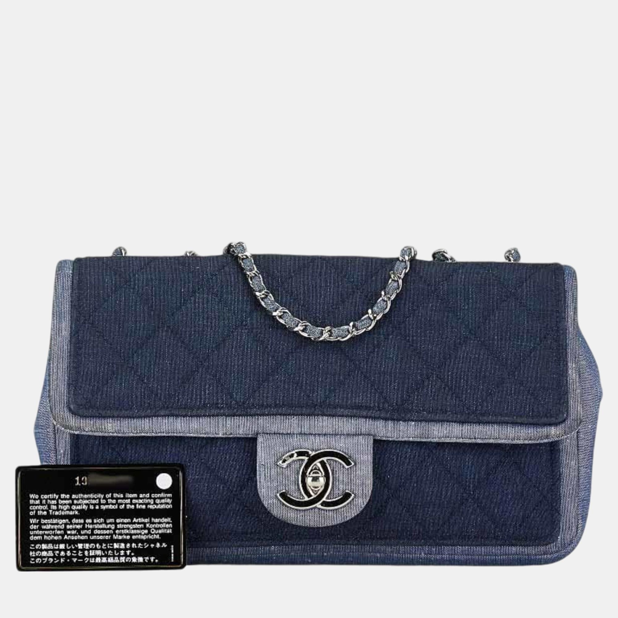 Chanel Blue Navy Denim  Matelasse 25 Coco Mark Chain Bag