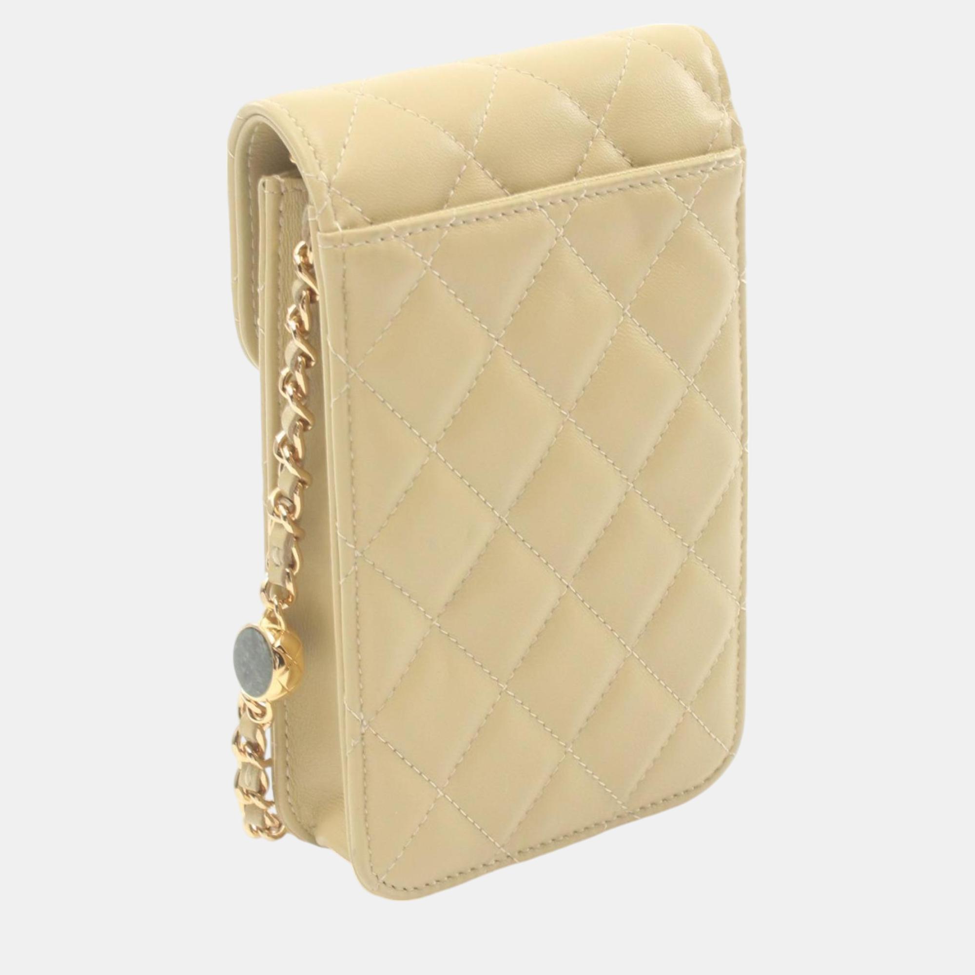 Chanel Beige Lambskin Matelasse Phone Holder Shoulder Bag