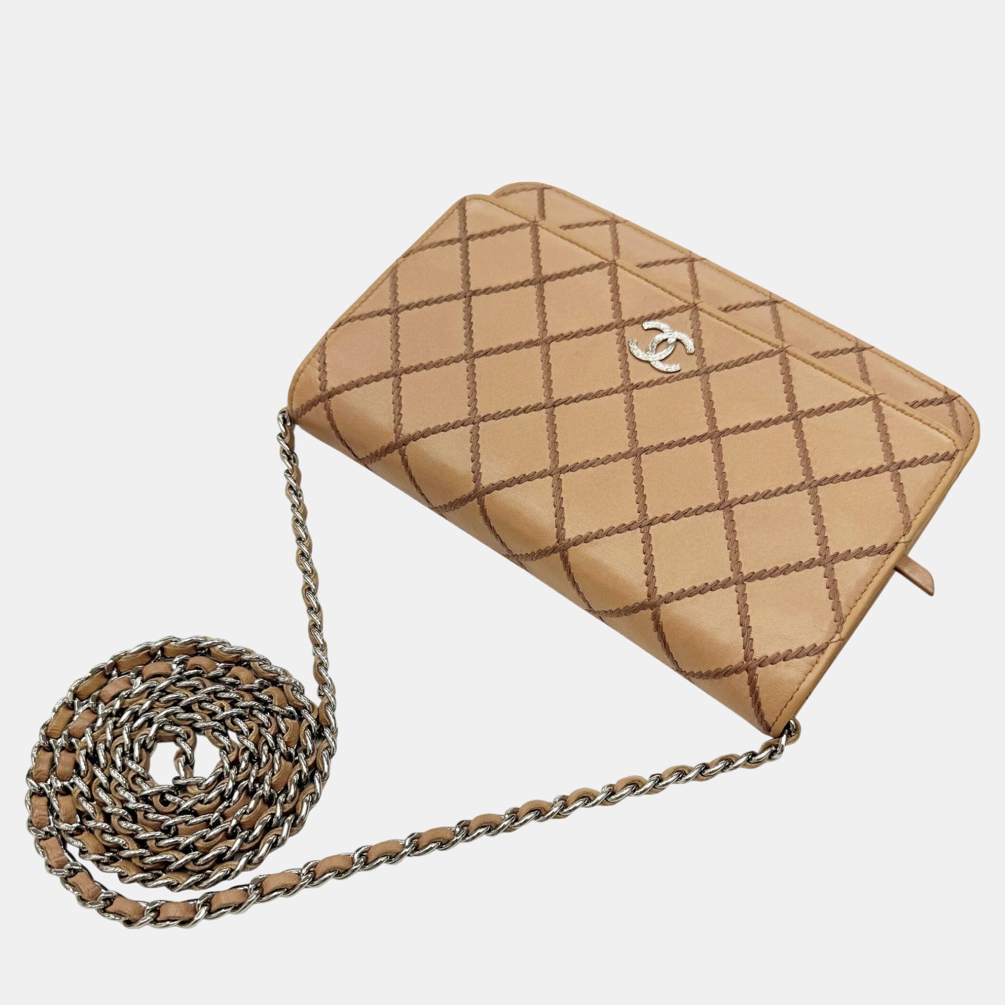 Chanel Beige Leather Wild Stitch Chain Wallet