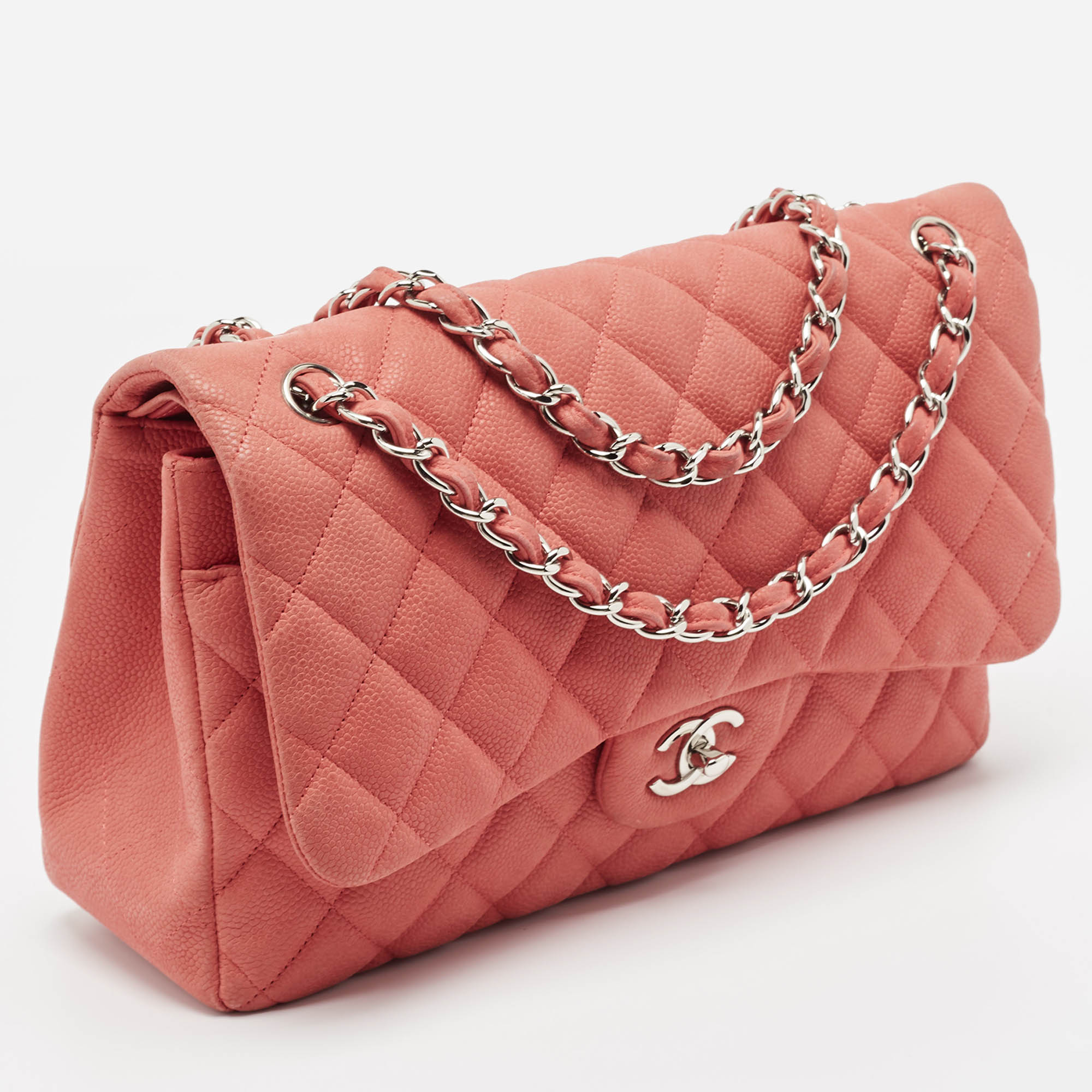 Chanel Coral Pink Caviar Leather Jumbo Classic Double Flap Bag