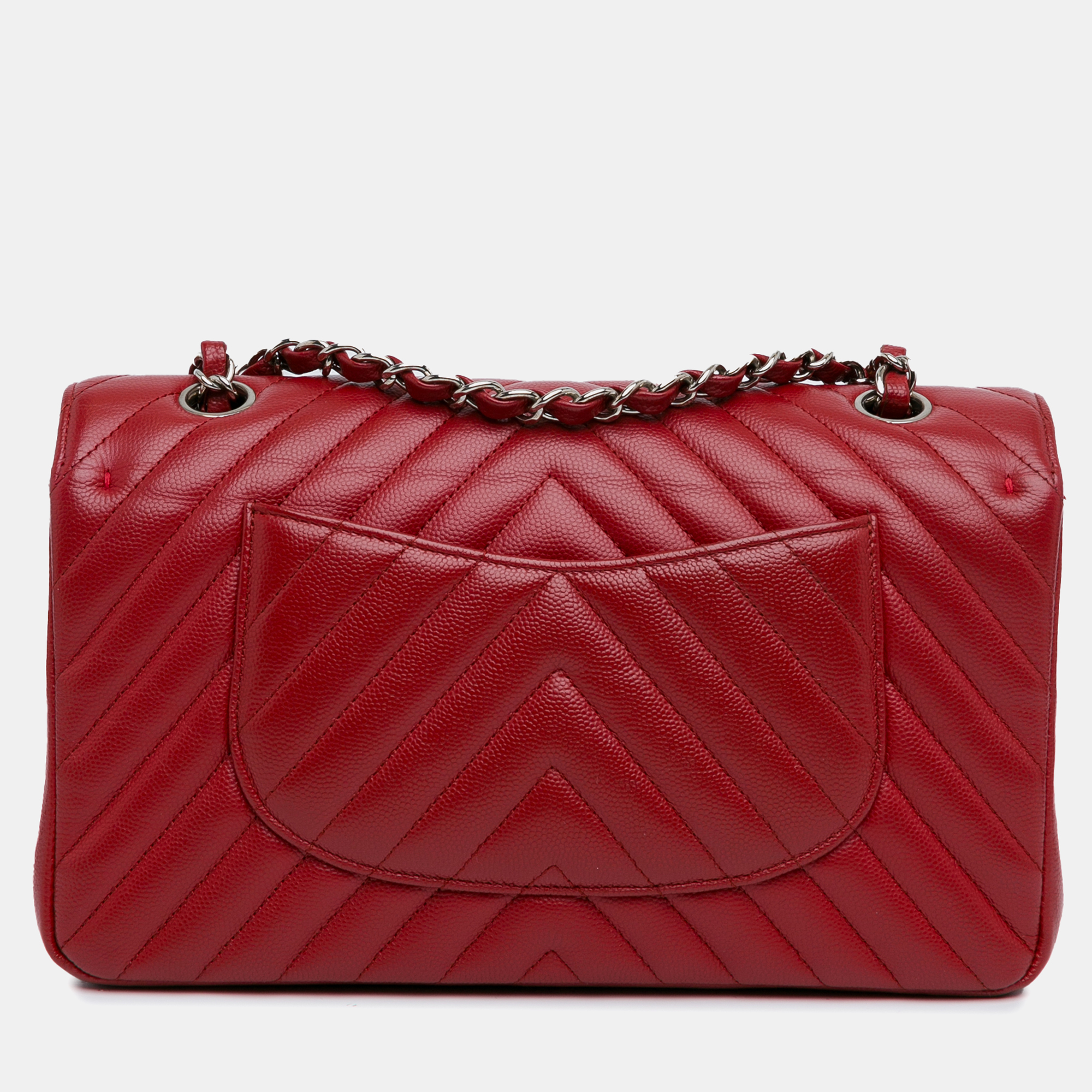 Chanel Red Leather Chevron Classic Double Flap Medium Bag