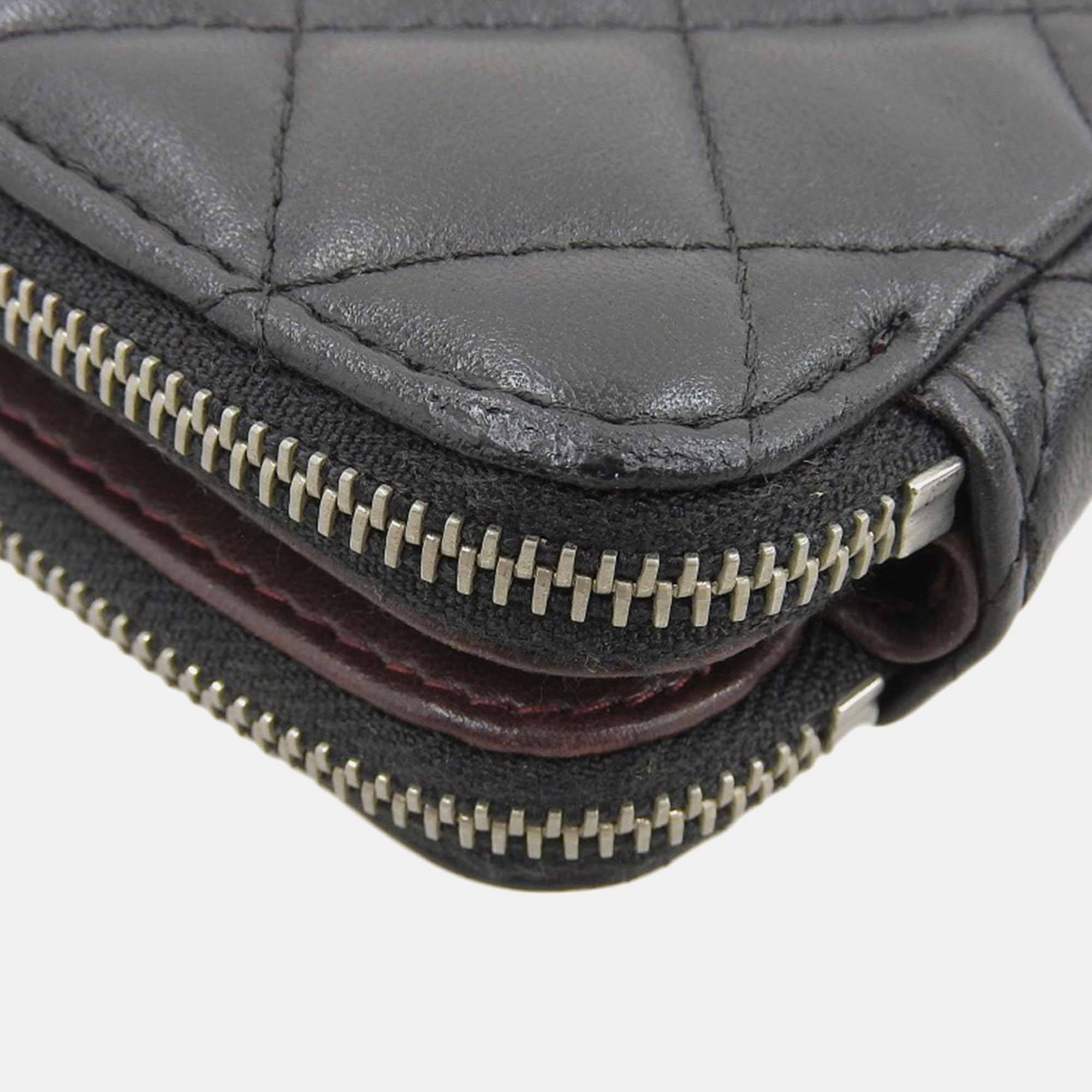 Chanel Black Leather Quilted Double Zip Clutch With Chain