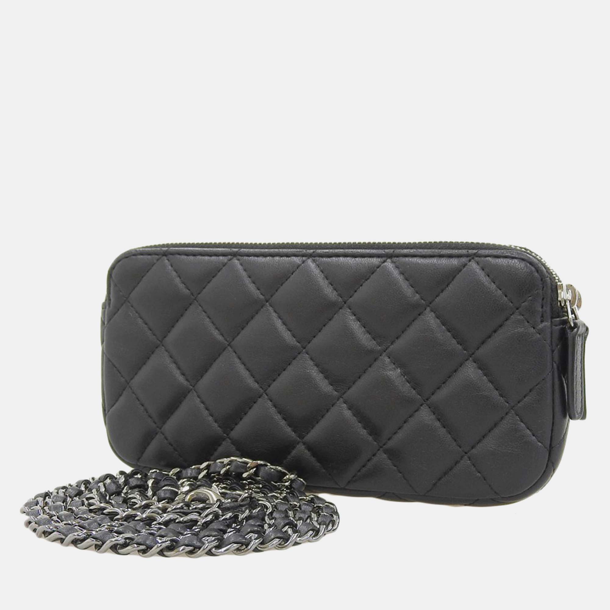 Chanel Black Leather Quilted Double Zip Clutch With Chain