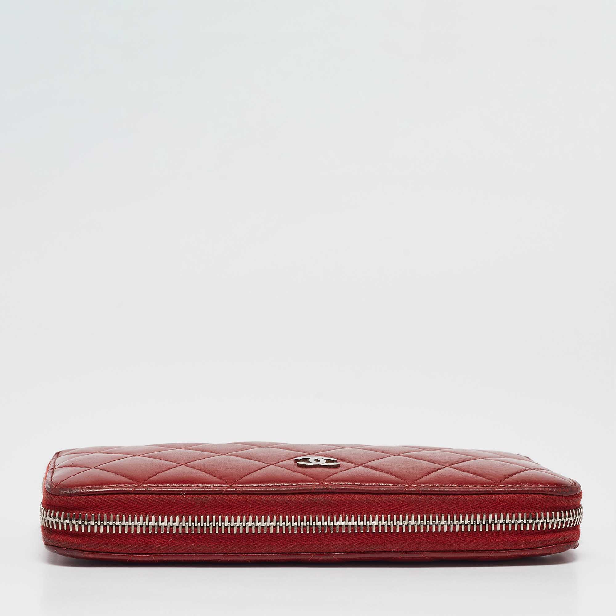 Chanel Red Quilted Leather CC Zip Continental Wallet