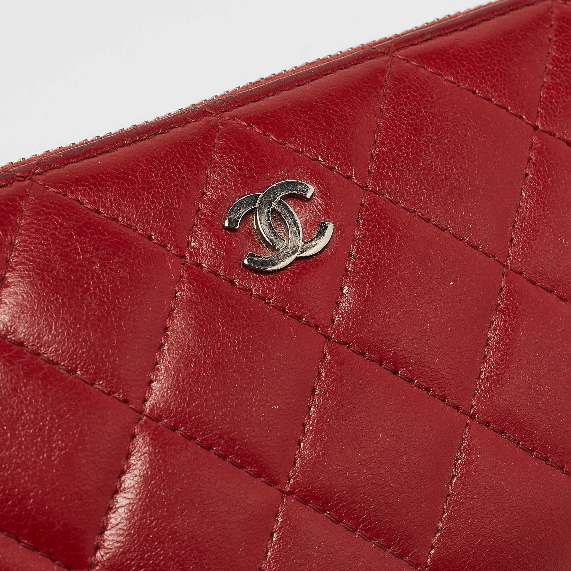 Chanel Red Quilted Leather CC Zip Continental Wallet