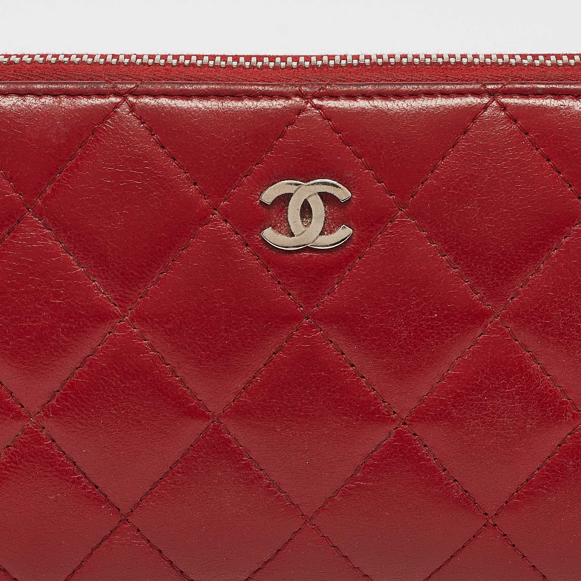 Chanel Red Quilted Leather CC Zip Continental Wallet