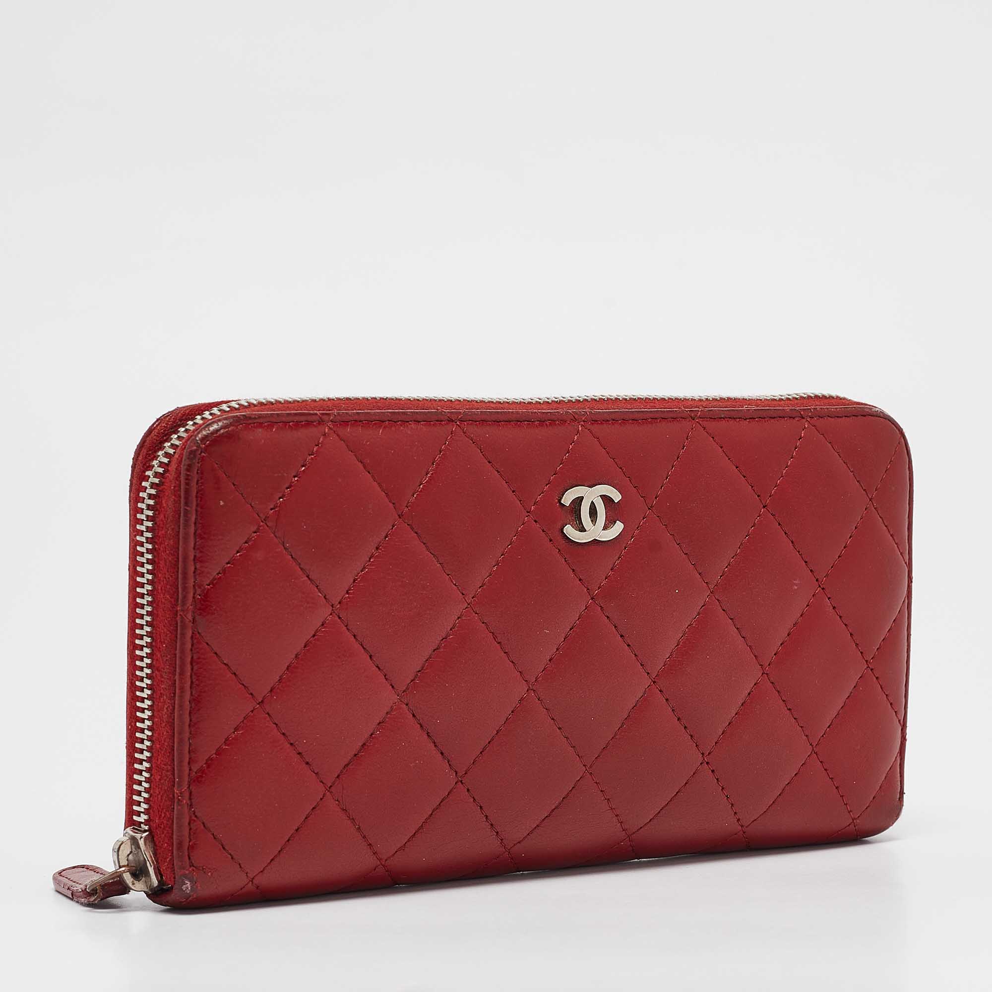 Chanel Red Quilted Leather CC Zip Continental Wallet