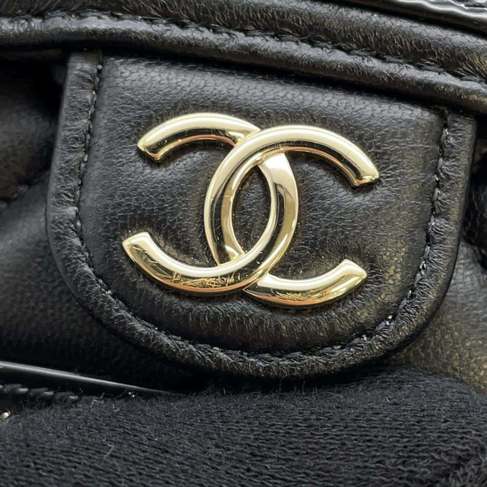 Chanel Black Lambskin And Patent Leather Matelasse Chain Phone Case Bag