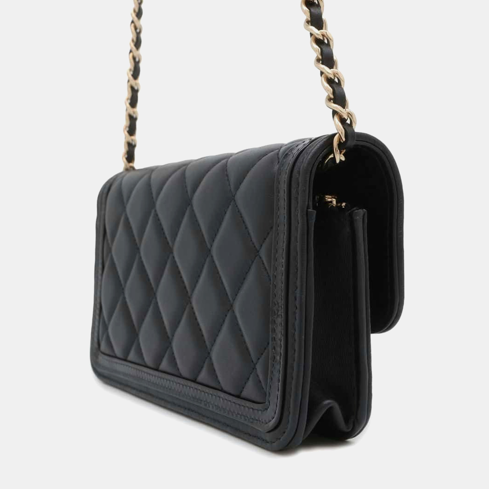 Chanel Black Lambskin And Patent Leather Matelasse Chain Phone Case Bag