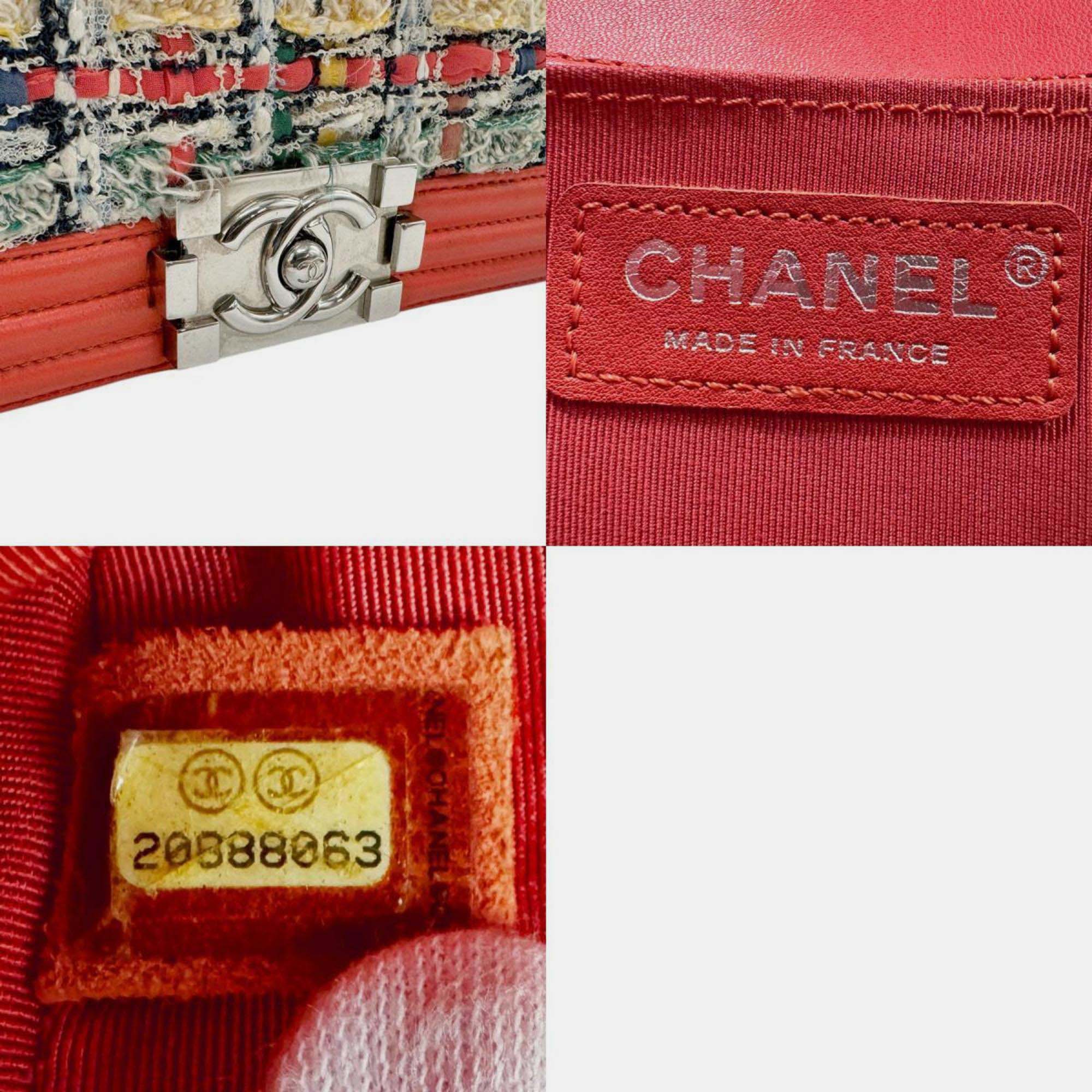 Chanel Salmon Pink Multicolor Silver Tweed Leather Boy Bag