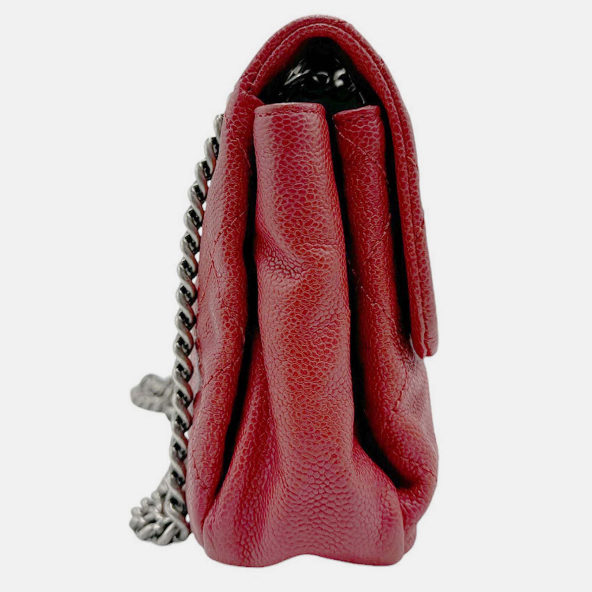 Chanel Dark Red Silver Caviar Skin Leather Matelasse Bag