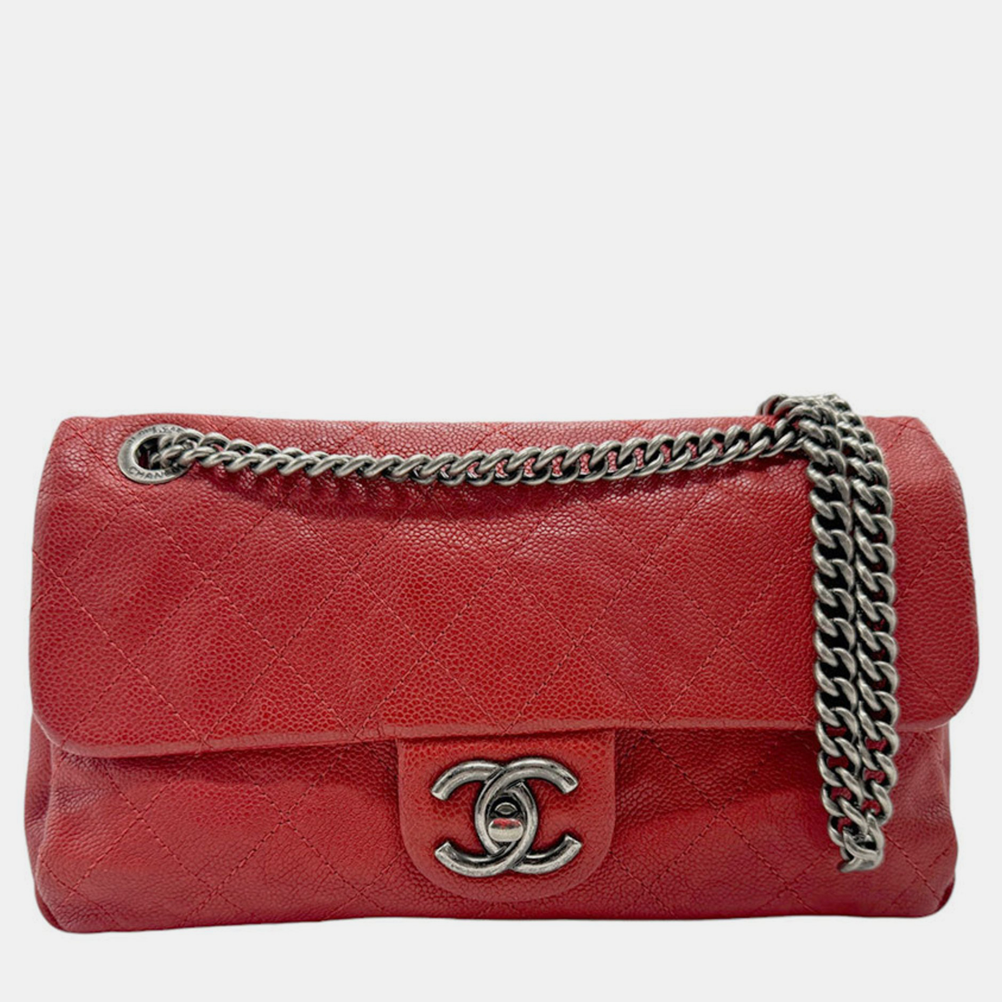 Chanel Dark Red Silver Caviar Skin Leather Matelasse Bag