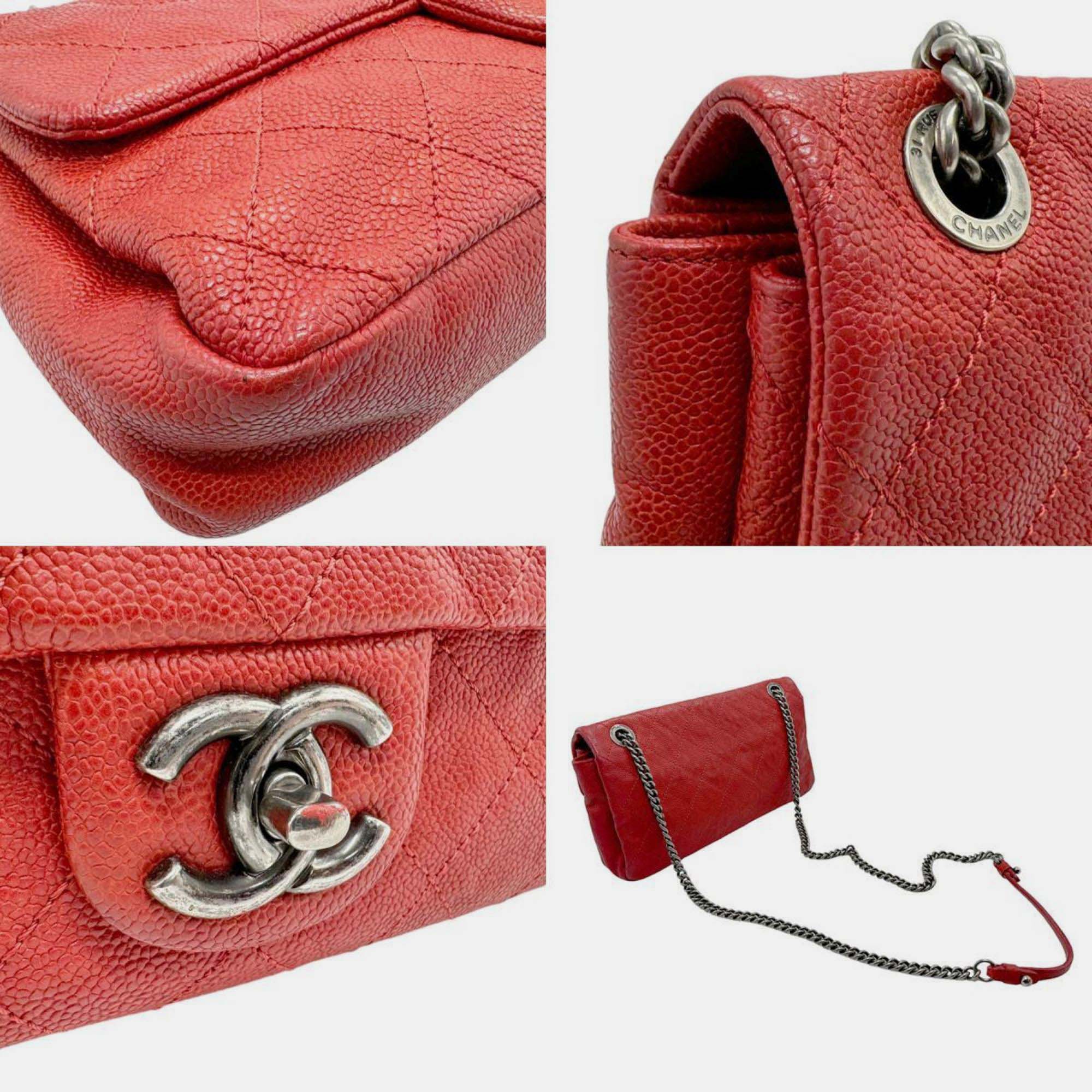 Chanel Dark Red Silver Caviar Skin Leather Matelasse Bag