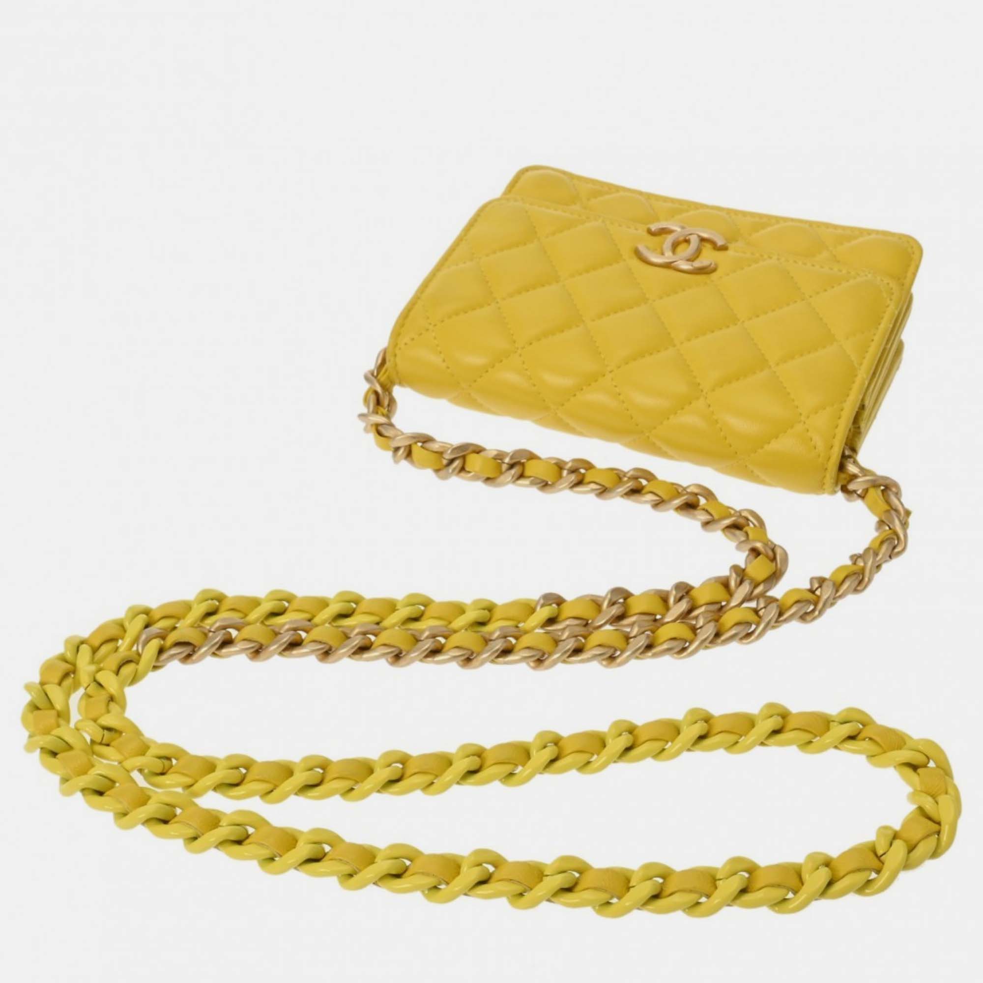 Chanel Yellow Lambskin Matelasse Classic Chain Wallet Shoulder Bag