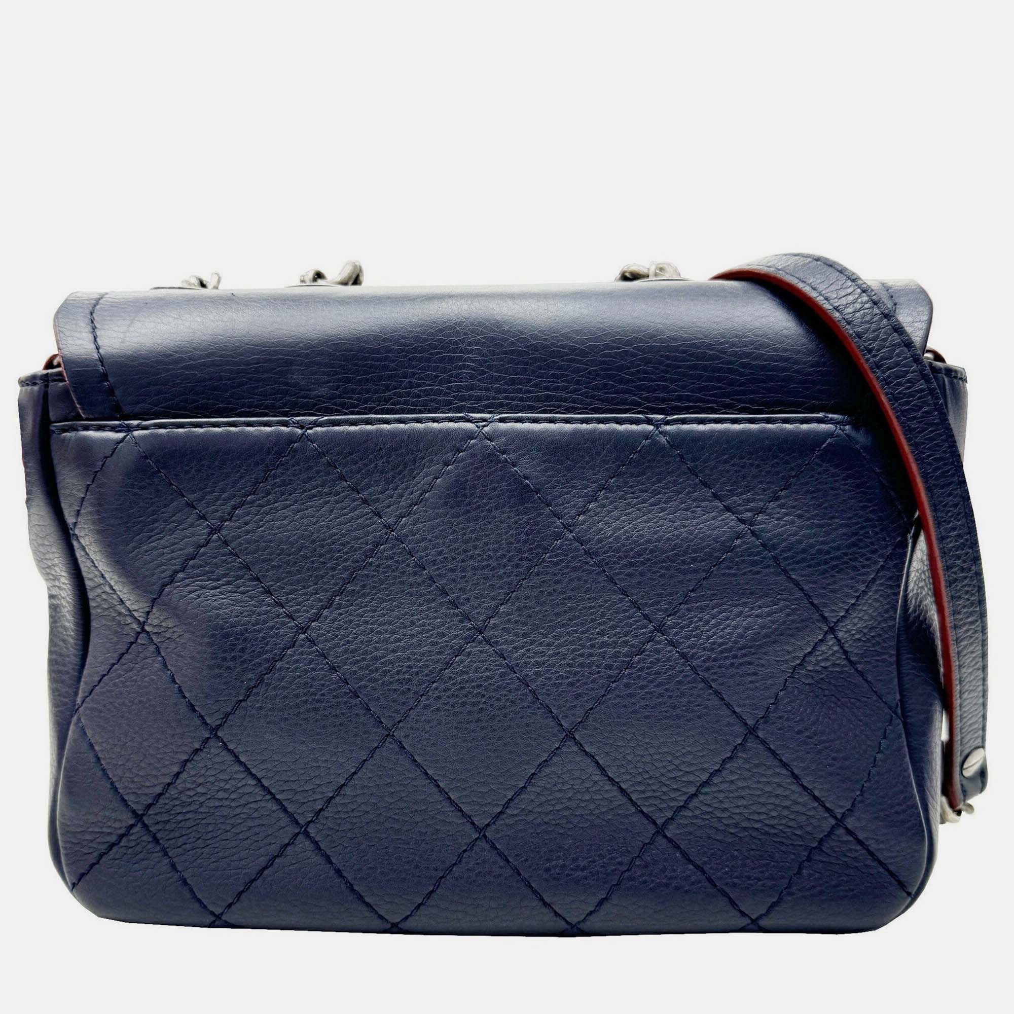 Chanel Matte Navy Leather Matelasse Chain Shoulder Bag 25