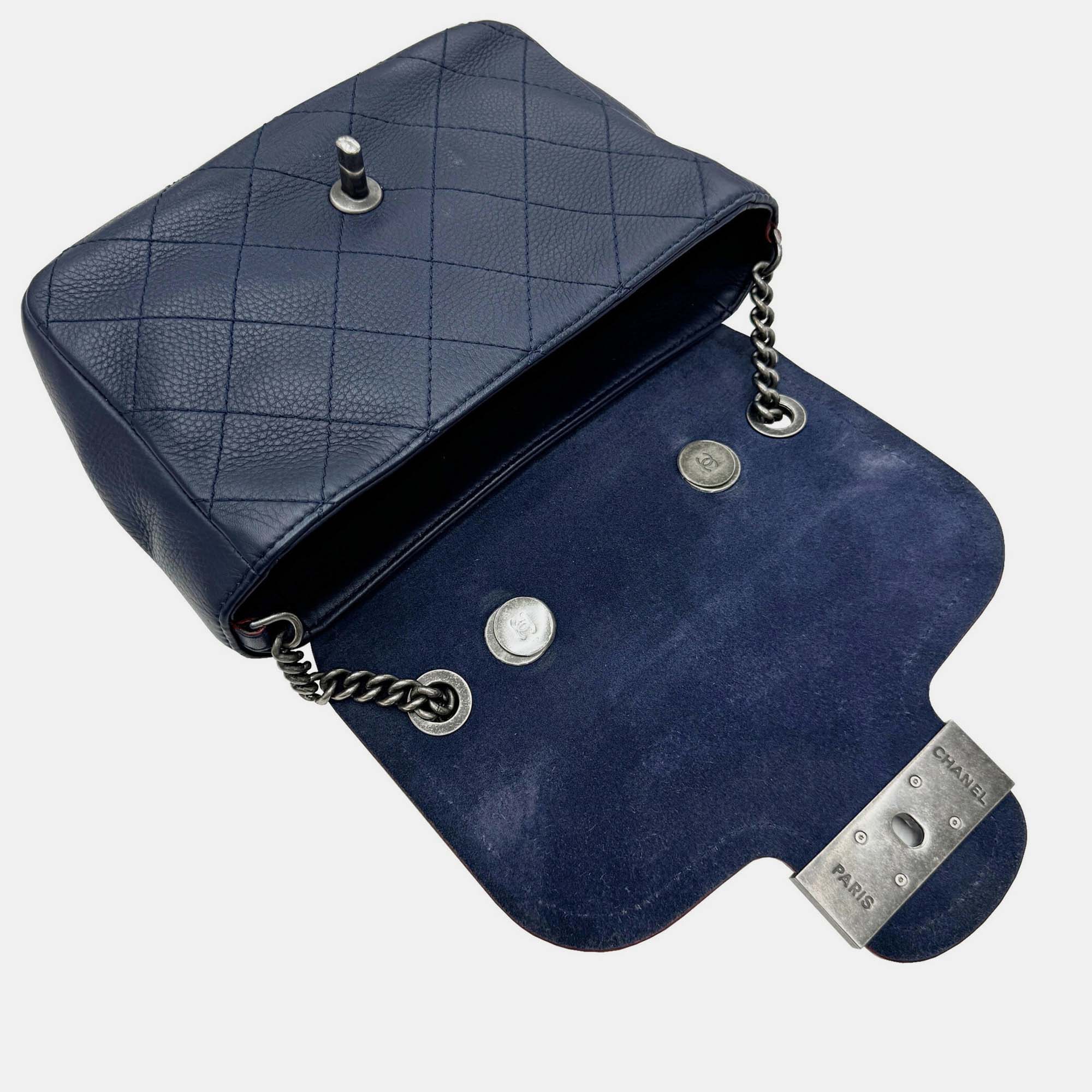 Chanel Matte Navy Leather Matelasse Chain Shoulder Bag 25