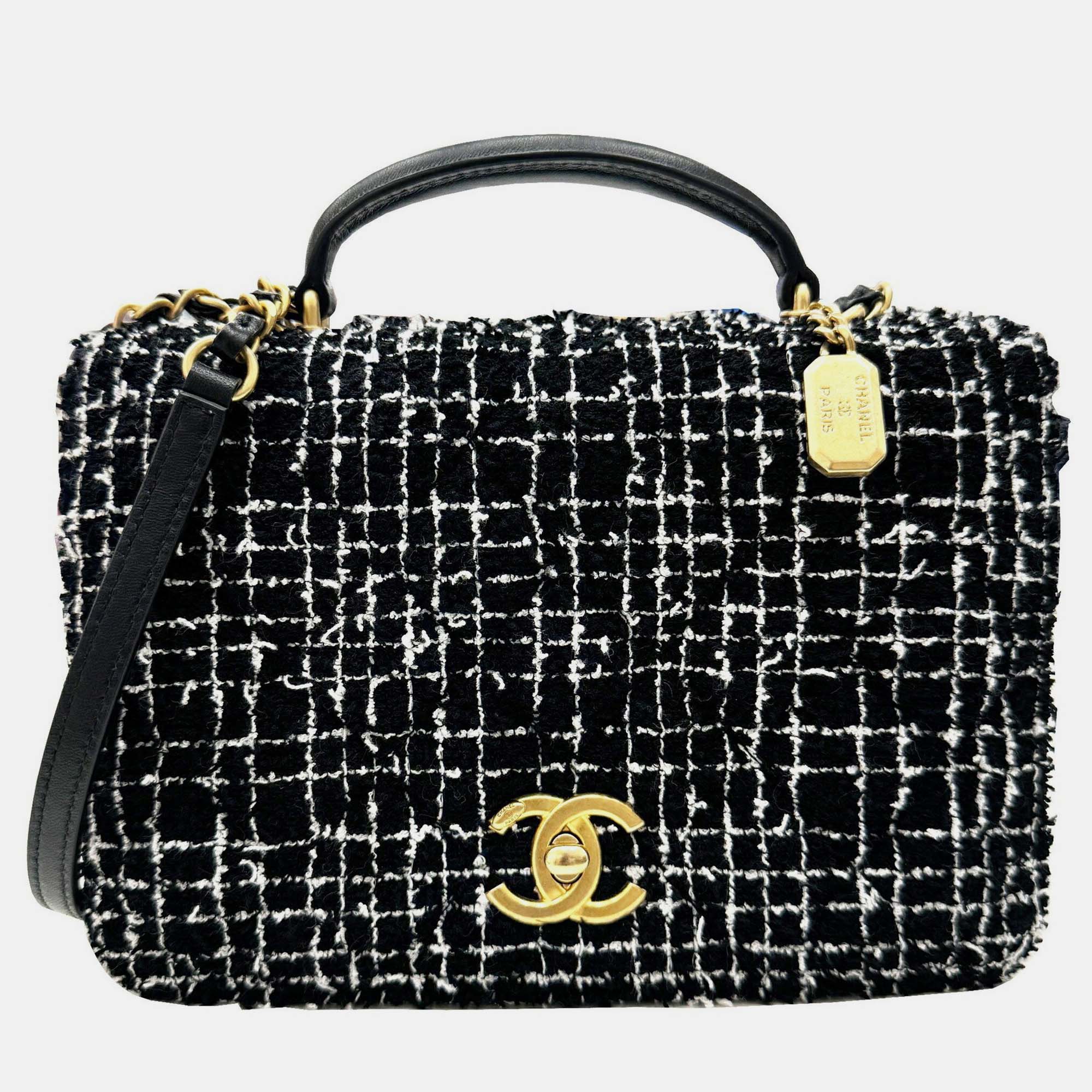 Chanel Black White Tweed Leather Flap Chain Shoulder Bag