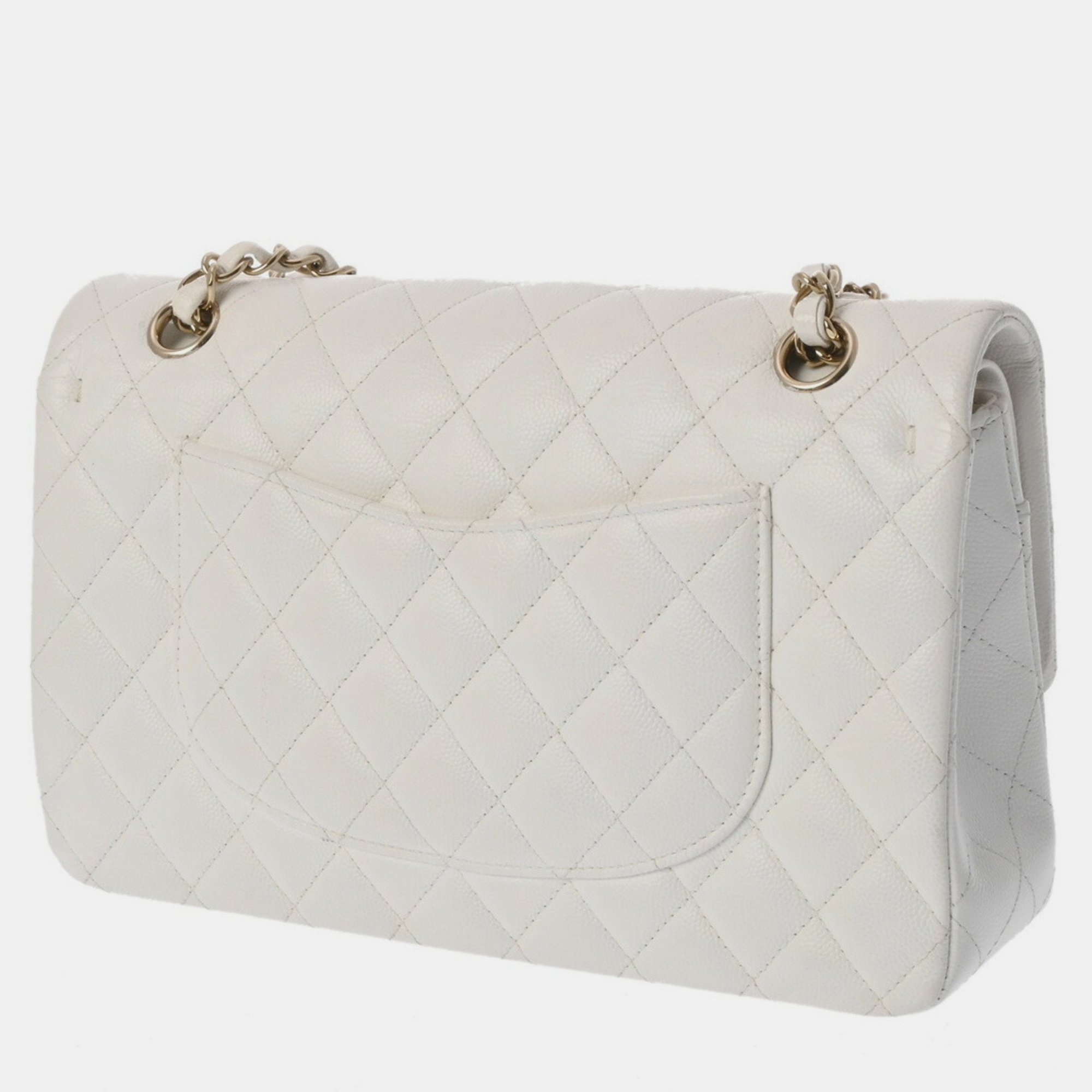 Chanel White Caviar Skin Matelasse Chain Shoulder Double Flap 25cm Bag