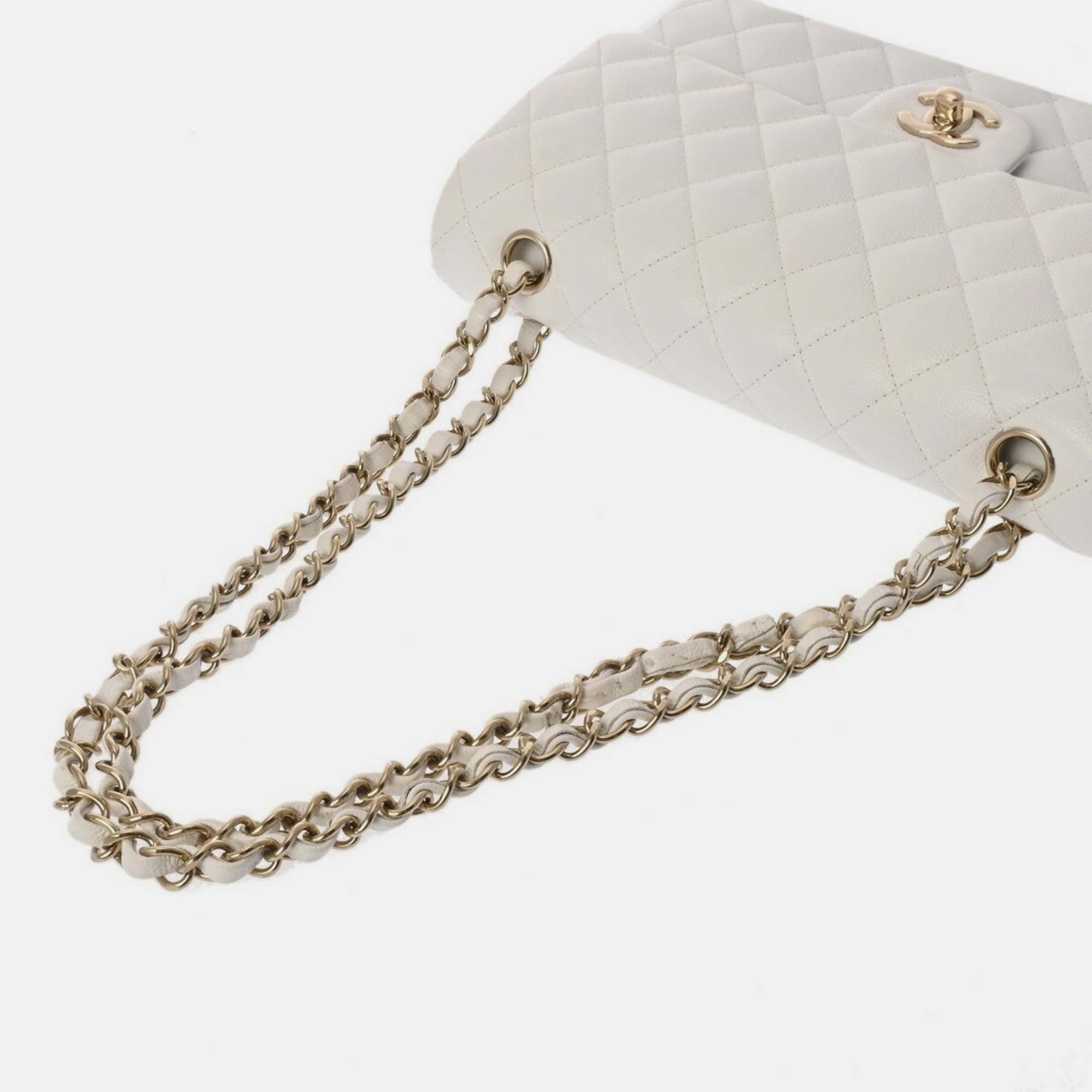 Chanel White Caviar Skin Matelasse Chain Shoulder Double Flap 25cm Bag