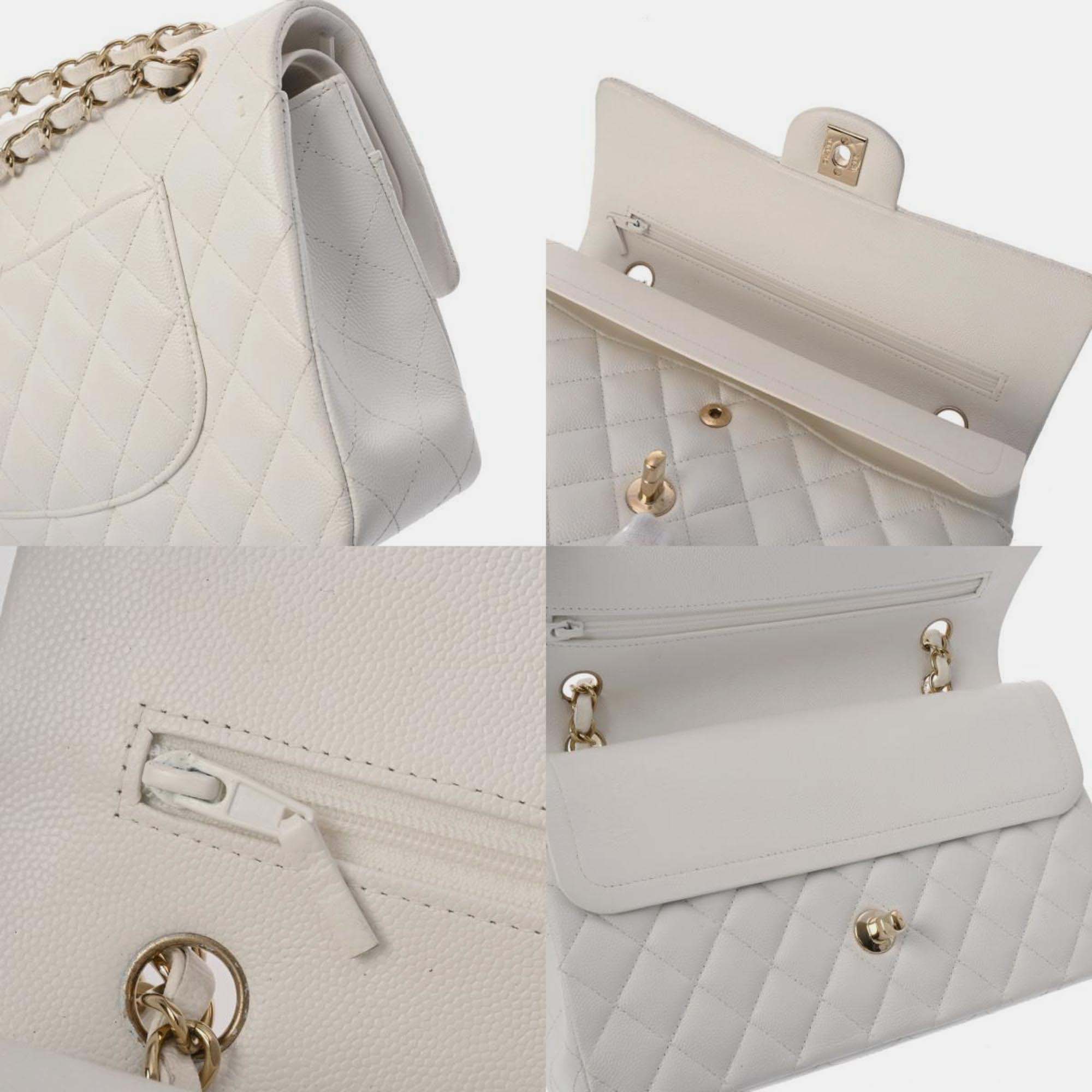 Chanel White Caviar Skin Matelasse Chain Shoulder Double Flap 25cm Bag