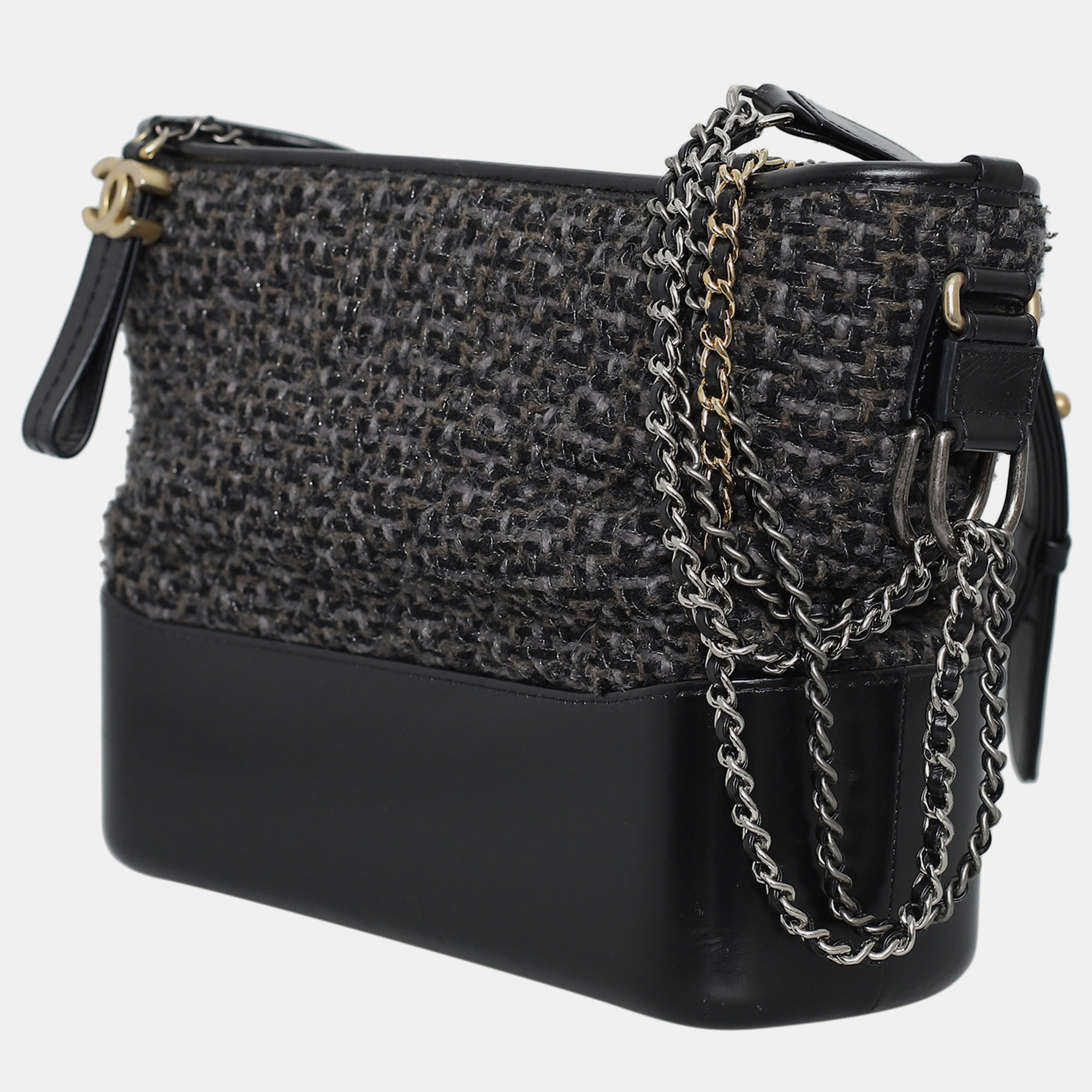 Chanel Black/ Grey Tweed Calfskin Medium Gabrielle Hobo Bag