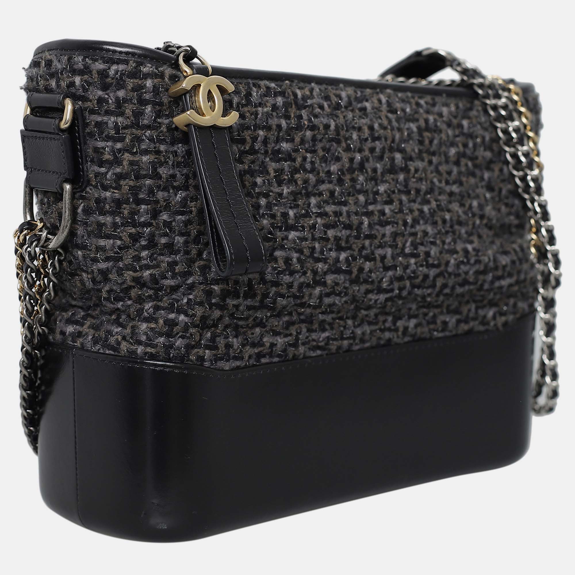 Chanel Black/ Grey Tweed Calfskin Medium Gabrielle Hobo Bag