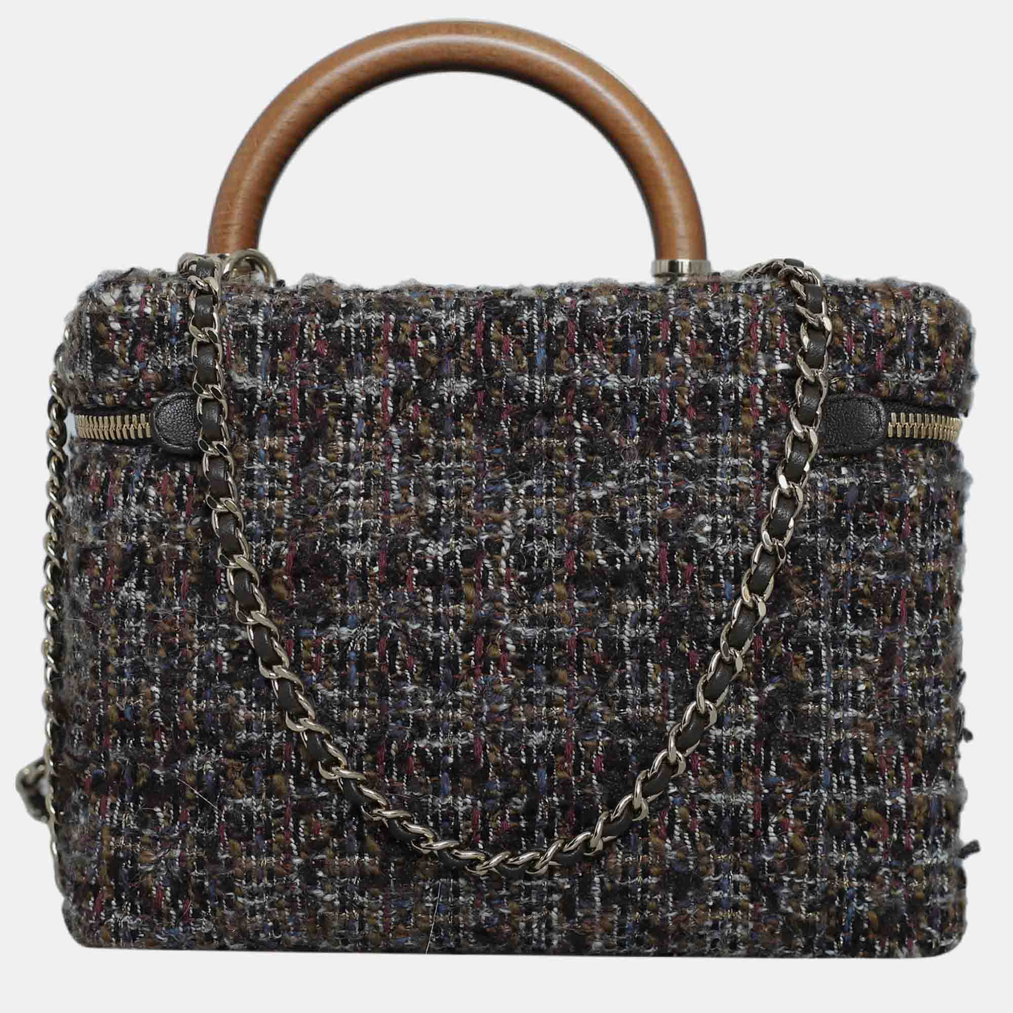 Chanel Multicolor/ Brown Tweed Vanity Case Wood Handle Bag