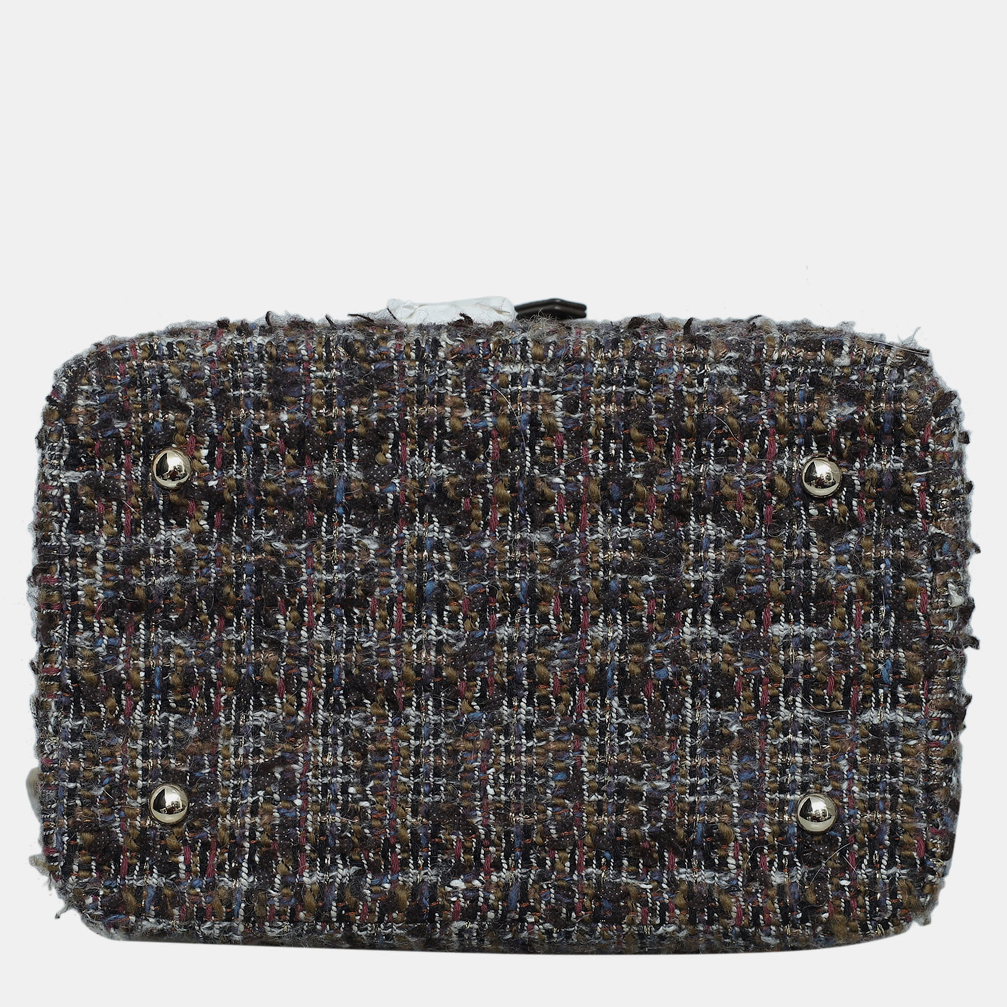 Chanel Multicolor/ Brown Tweed Vanity Case Wood Handle Bag