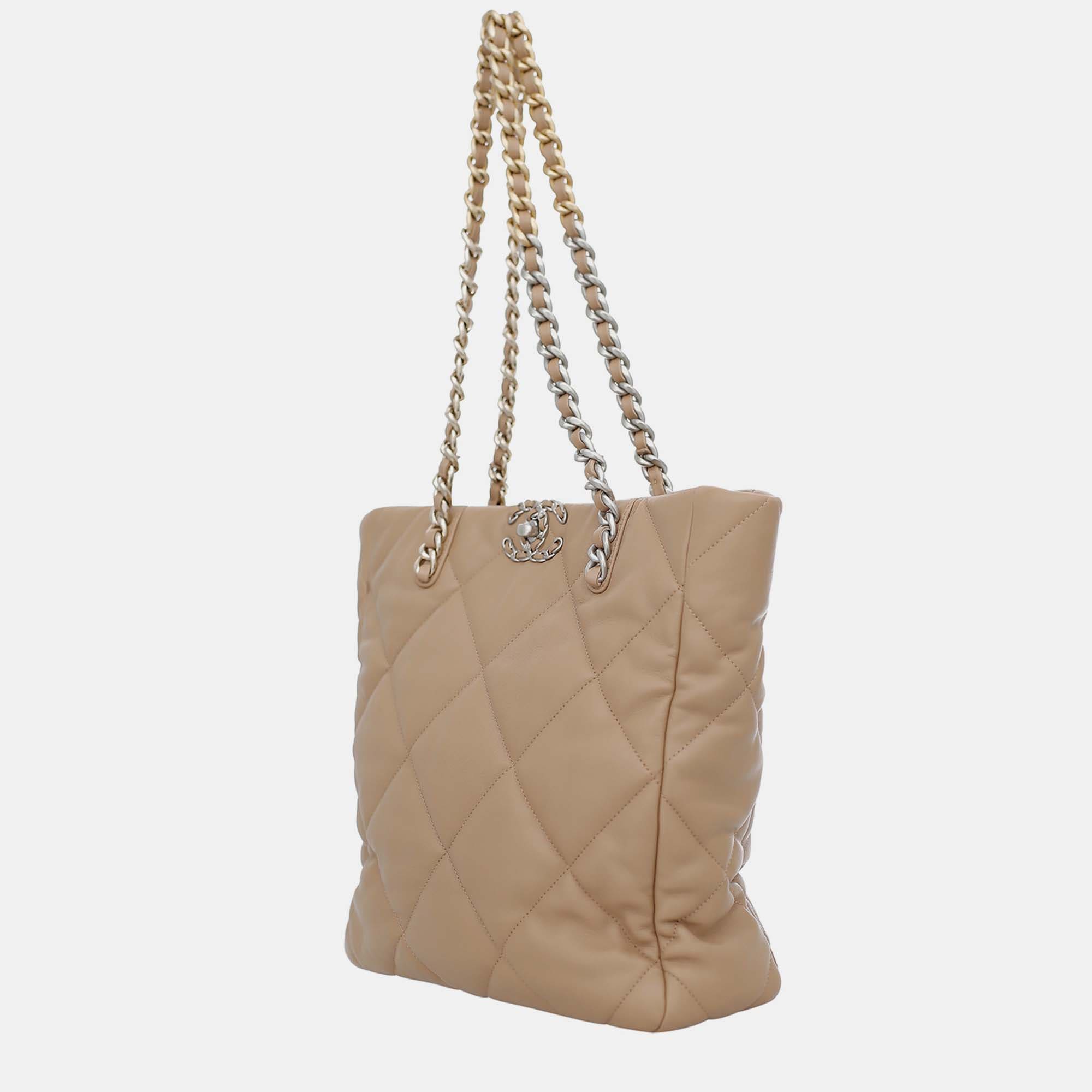 Chanel Beige Lambskin Leather C19 Shopping Tote Bag