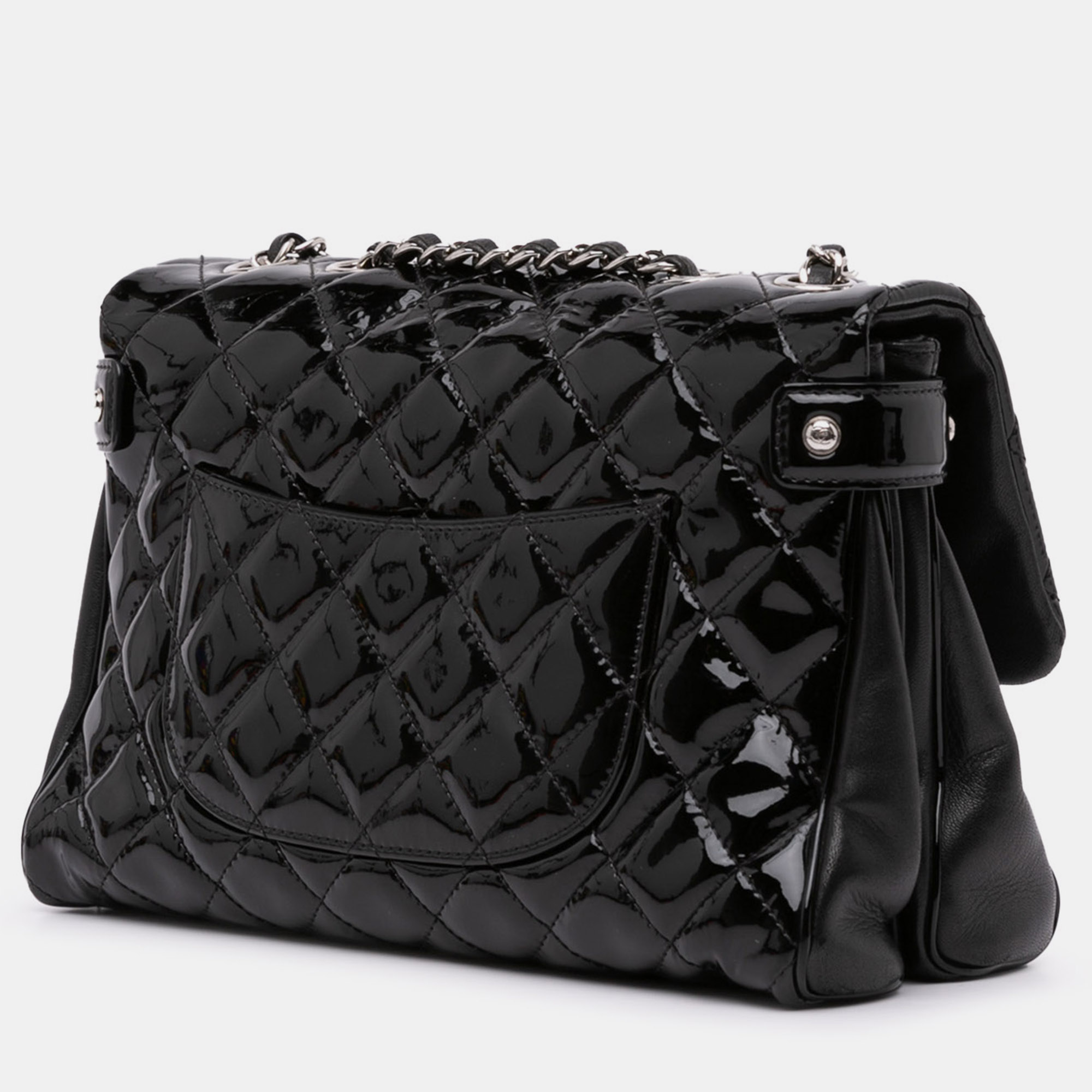 Chanel Black Quilted Patent Double Compartment Large Flap Bag