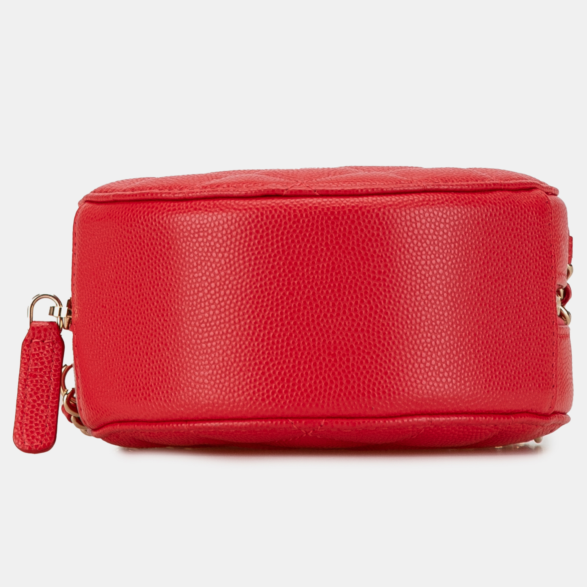 Chanel Red Caviar Leather Quilted Round Clutch With Chain